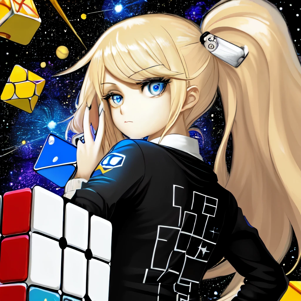1girl blonde, Rubik's Cube view,Starry sky particles,Space capsule。