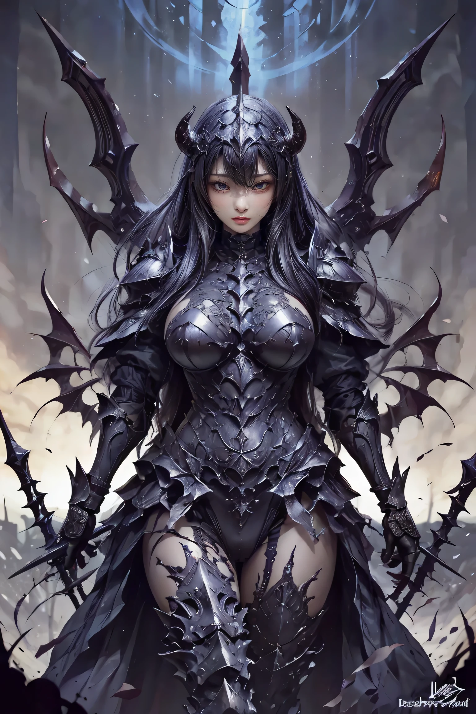 (character design sheet, best quality, masterpiece, ultra-detailed, photorealistic:1.2), perfect body, large breasts, (demon knight armor, intricate, weapons:1.2), multiple poses, clean lines, fantasy