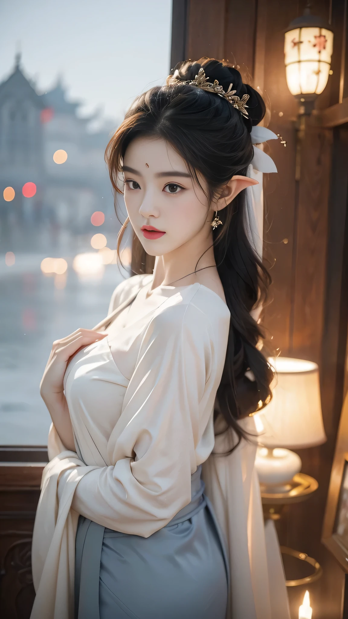 fragrance, Genshin Impact, kamisato fragrance, Deep into wonderland，The moonlight falls like water，foggy room，The figure of the heroine is vaguely visible，Just like the fairy in the painting，Slender sexy legs，very nice legs，beautiful big breasts而又带着一丝mystery的色彩。Her face is beautiful and delicate，Like finely carved jade，Showing otherworldly beauty。eyebrows，Eyebrows grow to temples，The waves in my eyes are like twinkling stars，Show the light of perseverance and wisdom。The bridge of the nose is straight，Lip color like cherry，The slightly raised corners of the mouth reveal confidence and calmness。her face is chiseled，Skin as fair as jade，Reveal a healthy glow，Not like a fairy&#39;Not eating the fireworks of the world。Her makeup is light and delicate，Not too much embellishment，But enough to show her temperament and charm。Light-colored foundation brings out the transparency of the skin，A light eyebrow pencil outlines her perfect eyebrow shape，Eye makeup is eye shadow and eyeliner，Make her eyes brighter and more energetic。嘴唇涂上grace的口红，Adds a bit of charm and sophistication。她的衣服grace别致，Wear white to win in the snow，Clothes fluttering，It seems like it will be blown up by the wind at any time，drifting into the distance。Beautifully embroidered patterns on clothes，既不失grace，Also showed off her extraordinary skills。A wide belt is tied around the waist，There is a crystal clear jade pendant hanging on it，Swinging with her movements。Her hair is tied back casually，Secure it with a hosta，A few strands of hair are fluttering gently in the wind，Adds a bit of softness。Her figure is looming in the fairyland，宛如一道beautiful big breasts的风景线，Attracted everyone&#39;s concern。She seems to be an elf in fairyland，beautiful big breasts、grace、mystery、and full of power。