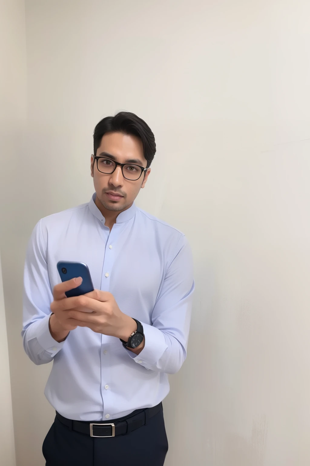Man Aarav wears a blue shirt and black trousers and holds a mobile phone., He is holding a smartphone, Ramil Sunga, John Jude Palencar, professional profile picture, instagram post, Winner's Requirements, Henry's Ascension, 38 years old, professional image, By Abidin Dino, reddit post, Take a photo on your iPhone, Holds a very advanced phone