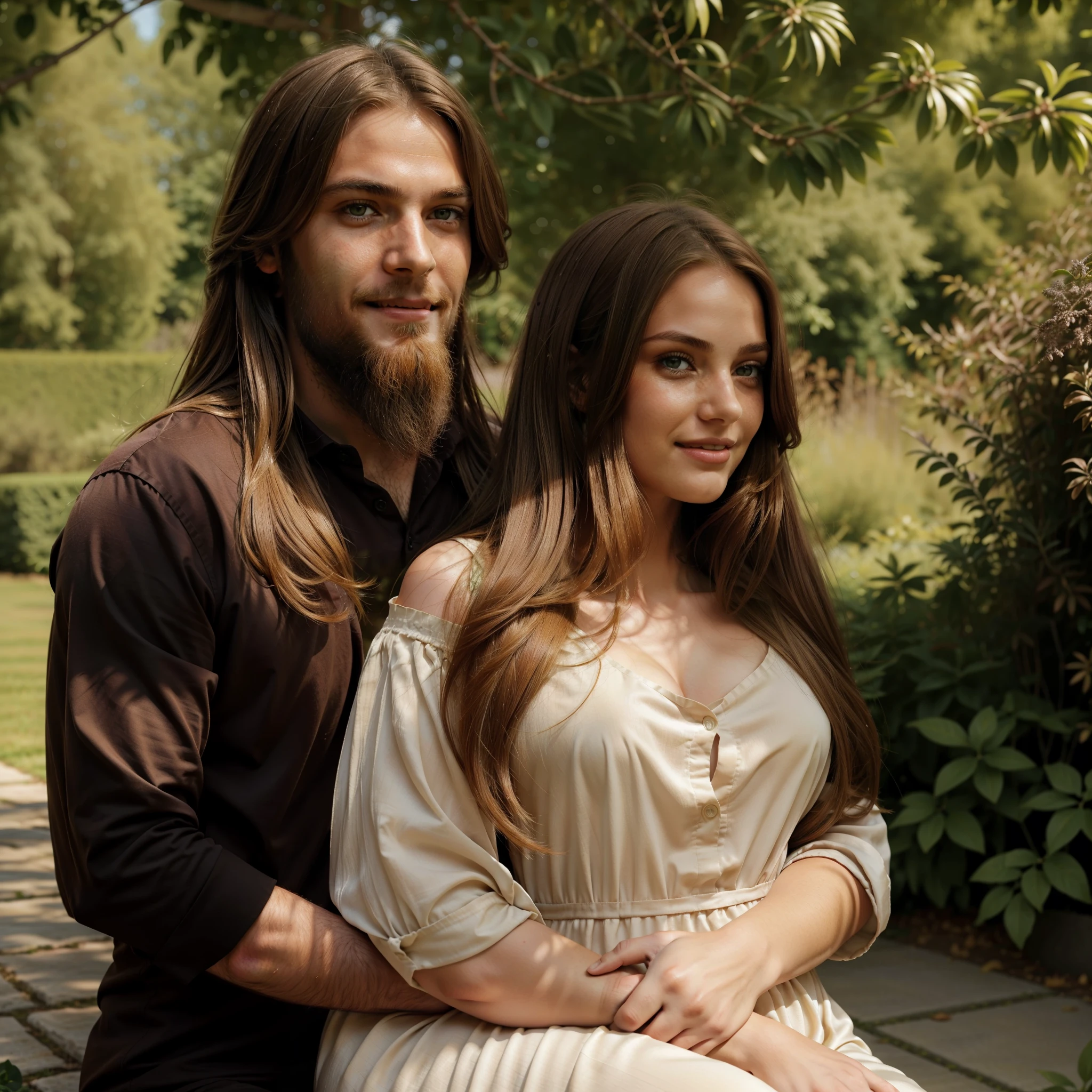 there is a woman with long, chestnut-colored hair and green eyes smiling directly at the camera. A man is visible behind her,he is bearded and has eyes that are hidden by the shadow cast by his expression as he is lightly crouched, his hands resting gently on her shoulder. The image is captured in high resolution, realistically portraying every detail from the woman's silky hair to the man's rough-textured beard. The scene takes place outdoors, perhaps in a garden or park, with some plants and greenery visible in the background. The woman wears a summer dress that accentuates her figure, while the man is dressed in casual attire suitable for the outdoors.
