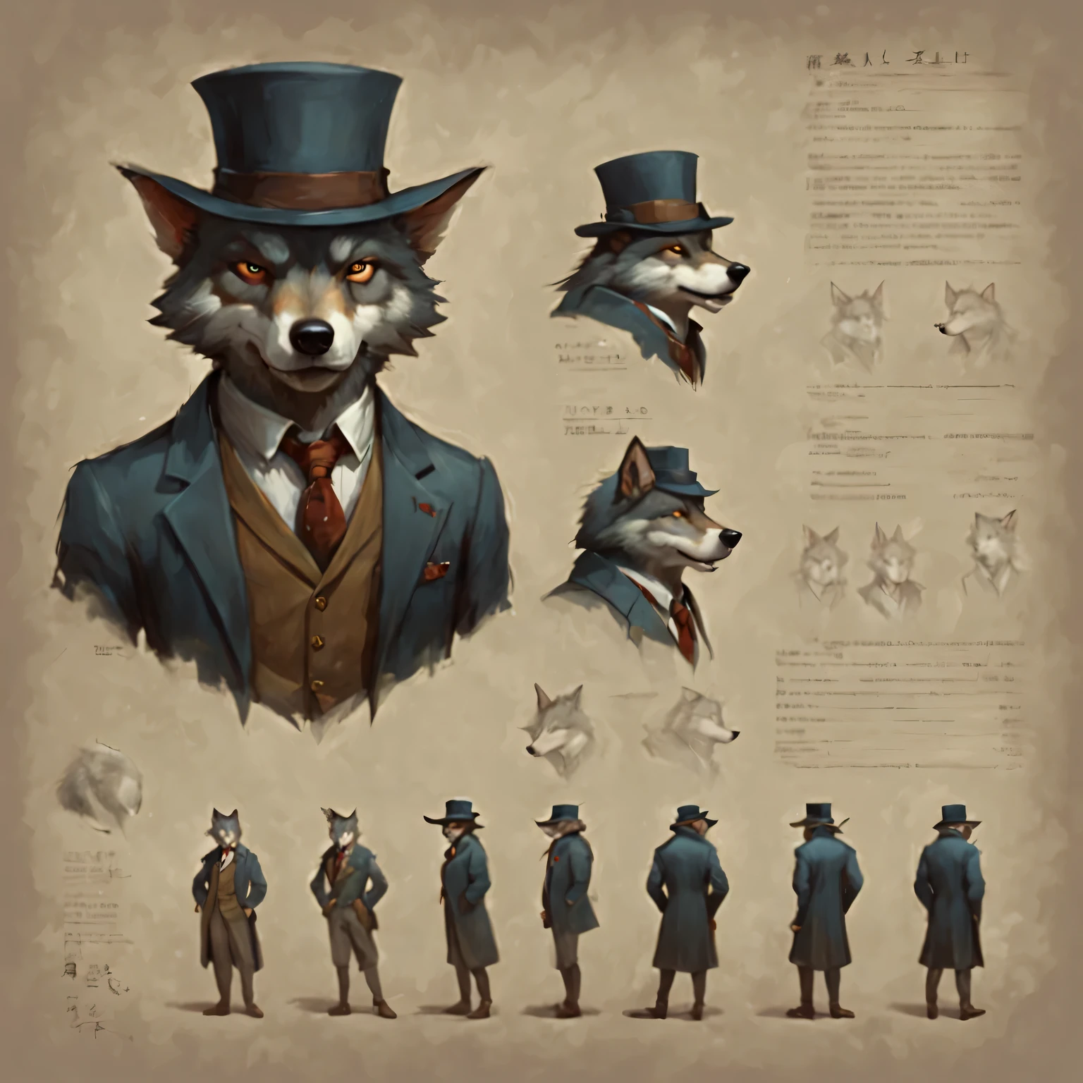 character design sheet, anthropomorphic gentleman wolf, in the style of Mark Reiden, Xue Wang, exquisite workmanship, High detail, 8K