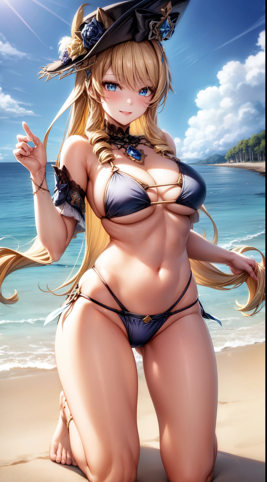 anime, beautiful face, highly detailed face, 2 accurate legs, blue detailed eyes, highly detailed beach background, perfect lighting, best body lighting, navia hat, 1girl, solo, navia, genshin impact, outdoors, beautiful blonde long hair, absurdres, high res, ultrasharp, 8K, masterpiece, looking at viewer, (happy loving smile:1.2), blushing loads, BREAK (detailed sexy beach bikini:1.5), all intricate lace, ( elegant pose:1.2), (kneeling on the beach:1.2), close up