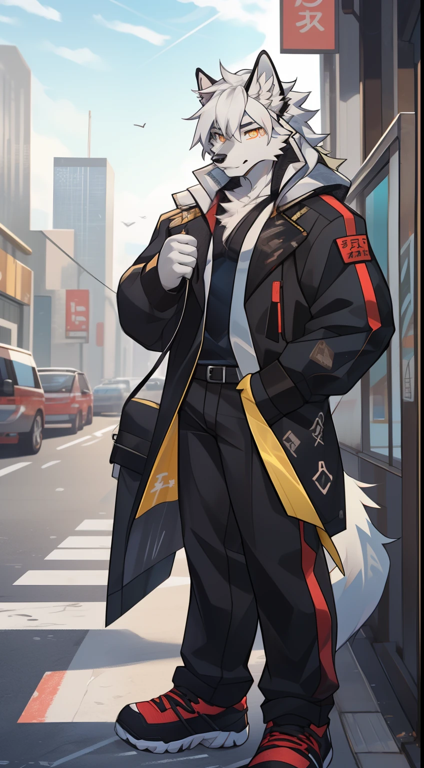 gray wolf，long white hair，City，golden pupils，Handsome，Have a better figure，Say hello by chance，Cai Xukun's