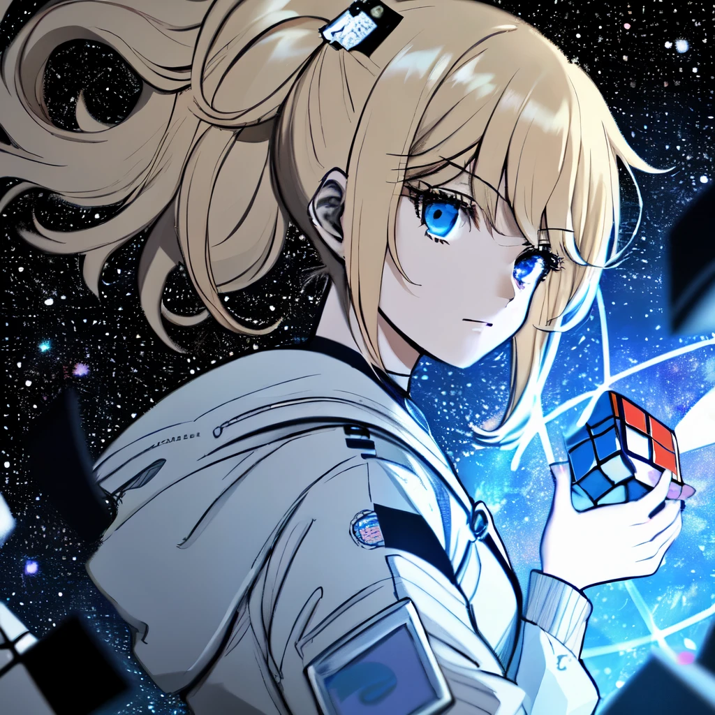 1girl blonde, Rubik's Cube view,Starry sky particles,Space capsule。