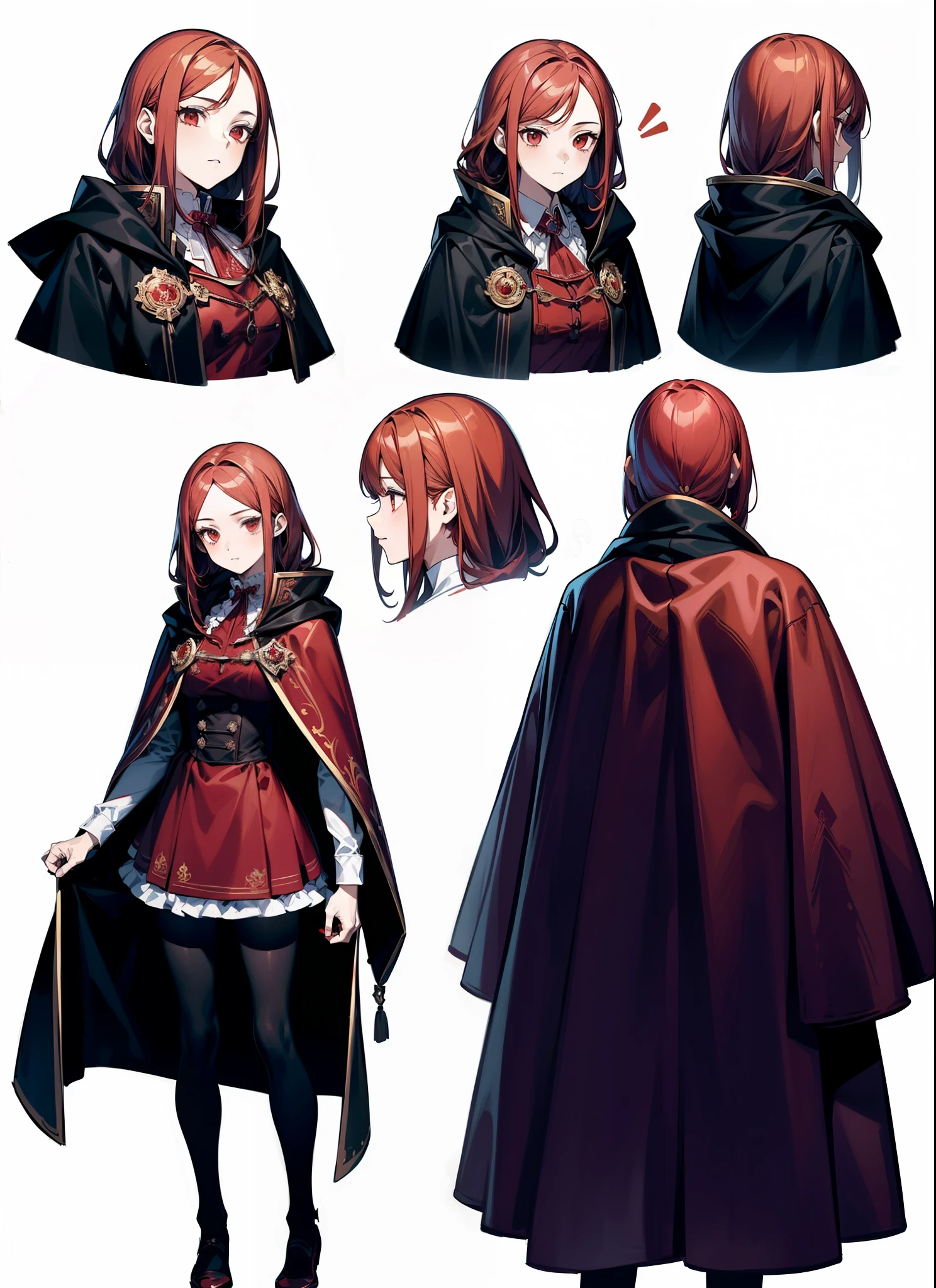 ((masterpiece)),(((best quality))),(character design sheet,same characters,front,side,Back), 1 girl, alone,long red hair,(((Red maid outfit,red cloak))),Strong leadership character,,Retro art style,masterpiece,best quality,top quality,super high , concept art, character concept art, character sketch, Reference table, character table, ( Background, white Background: 1.3)