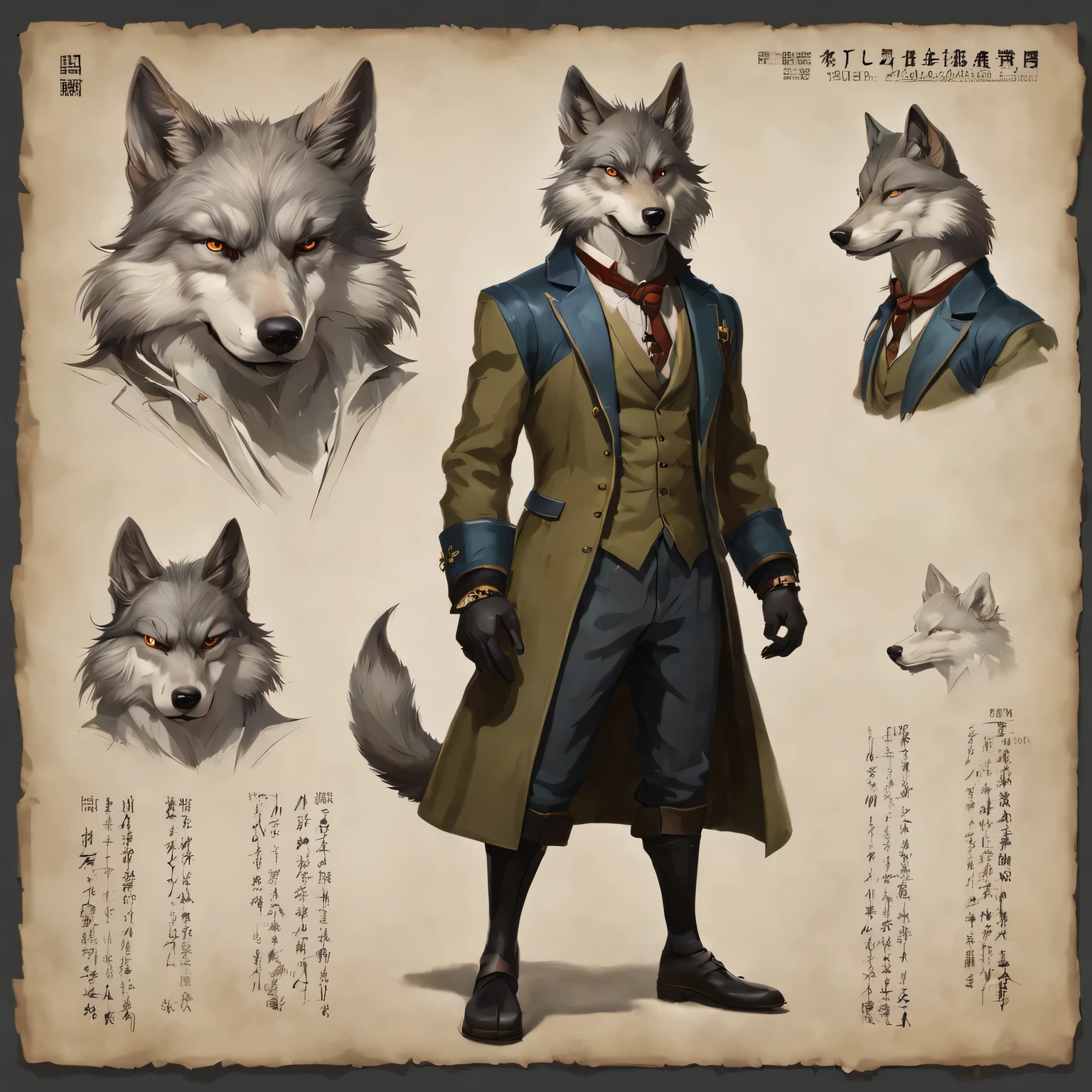 character design sheet, anthropomorphic gentleman wolf, in the style of Mark Reiden, Xue Wang, exquisite workmanship, High detail, 8K, Realistic, inscriptions with technical characteristics, character description given, his strengths are shown