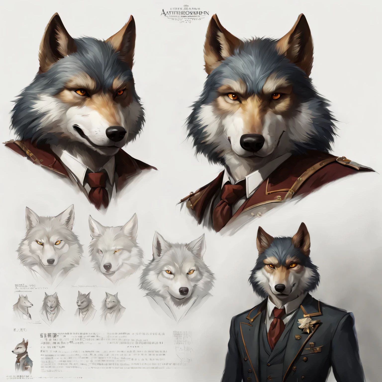 character design sheet, anthropomorphic gentleman wolf, in the style of Mark Reiden, Xue Wang, exquisite workmanship, High detail, 8K, Realistic, inscriptions with technical characteristics, character description given, his strengths are shown