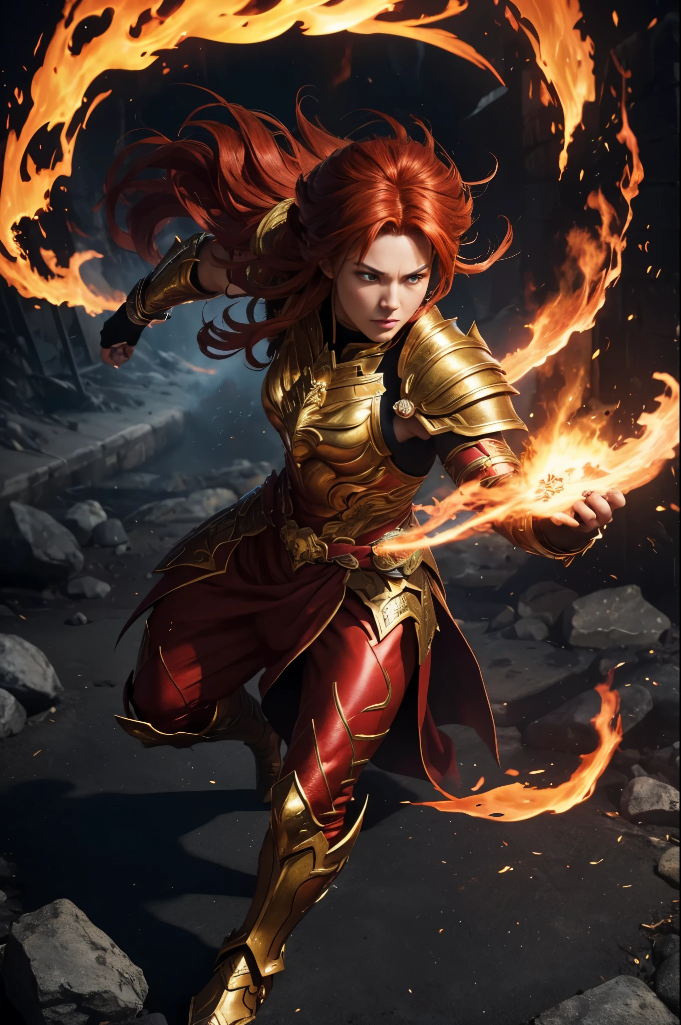 8k、alone、 Goddess of Fire,Super beautiful(like the real thing),red eyes,Super beautiful,Beautiful red hair,Flashy flame god makeup,gorgeous red combat long dress,sexy.golden decoration,,Remains,amazing work of art、wind effect:1.9、cloud effect:1.2、explosive flame,full rendering、unreal engine,ultra high resolution,super realistic skin,Super precise hand details,fantasy art,battle scene,action scene,action pose,fighting style,Photorealistic RAW photos of the highest quality。Backlight, cinematic lighting, film grain, to be born, 50mm lens, Nikon D850,realistic skin,fantasy art,character art,ultra high resolution,Macho with a muscular slender body,Precise facial details,fighting pose,dynamic pose,grim expression,Improve the quality of facial expressions,perspective from above,accurate human body structure,perfect hands,Flame Hair Ornament,gorgeous flame shoulder armor(flame emblem),gorgeous flame gauntlet(flame emblem),luxury leg armor(flame emblem),