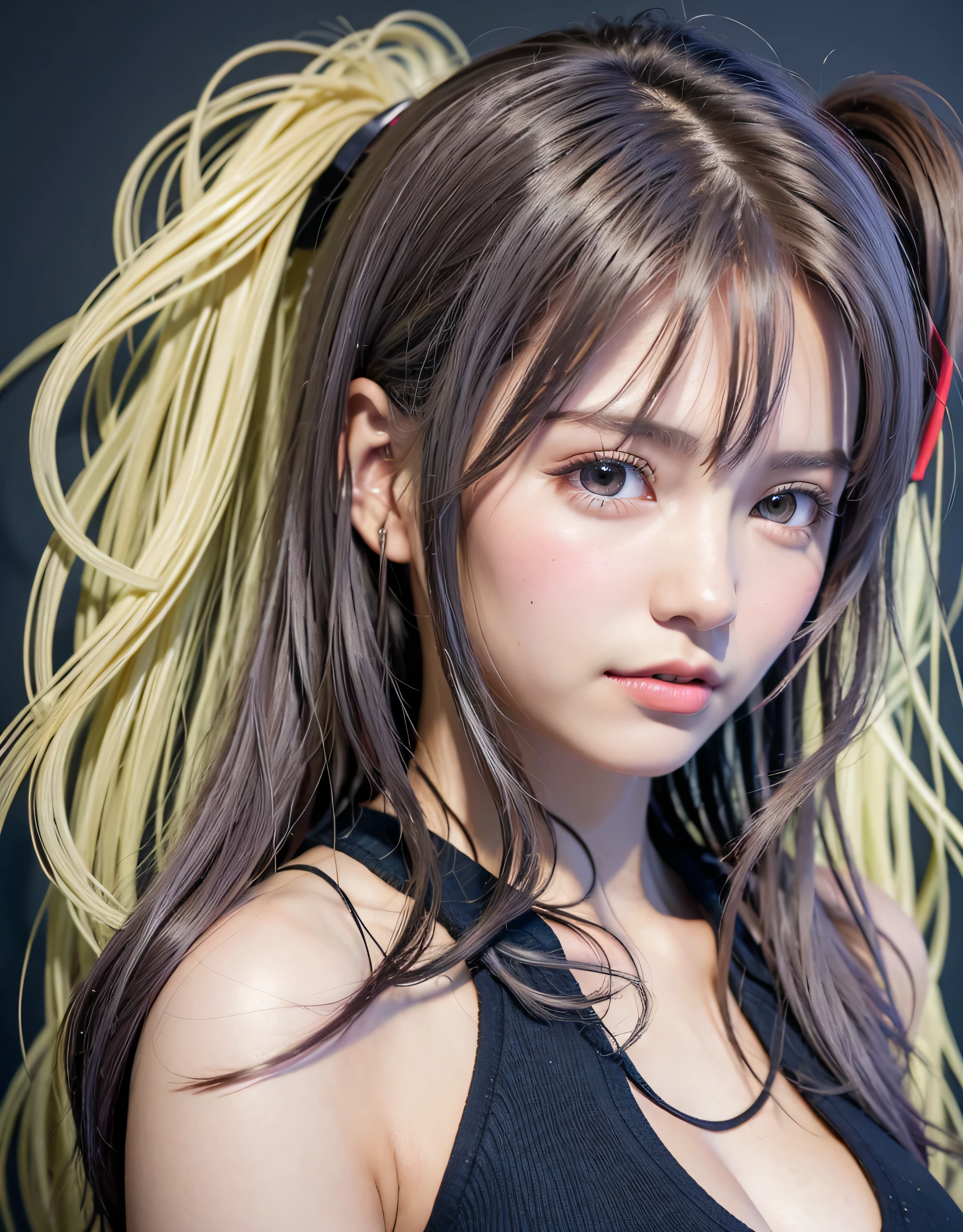 highest quality、8K masterpiece、超A high resolution、(Photoreal:1.3)、RAW photo、1 girl、silver hair、ponytail、glowing skin、1 Super Beautiful College Girl、((Ultra realistic details))、portrait、global illumination、Shadow、octane rendering、8k、super sharp、very intricate details、realistic light、Trends in CG society、beautiful eyes、shining eyes、towards the camera、headset、carbon fiber bra、