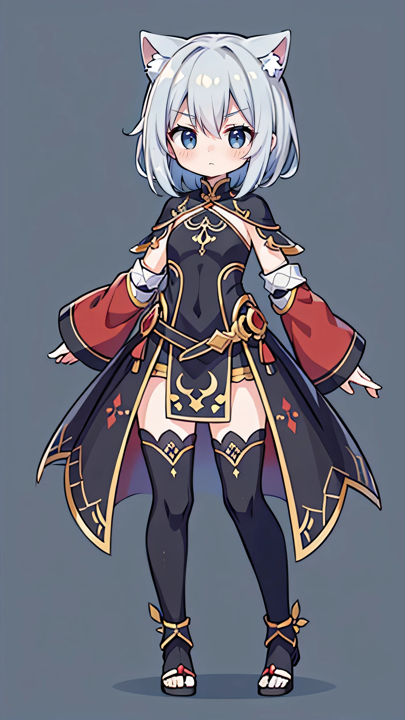 girl, Short hair, cat ears, gray hair, SD characters, Fusion costume combining Eastern and Western medieval iron armor, woman warrior costume, The main color of clothes is red., Combat Uniform