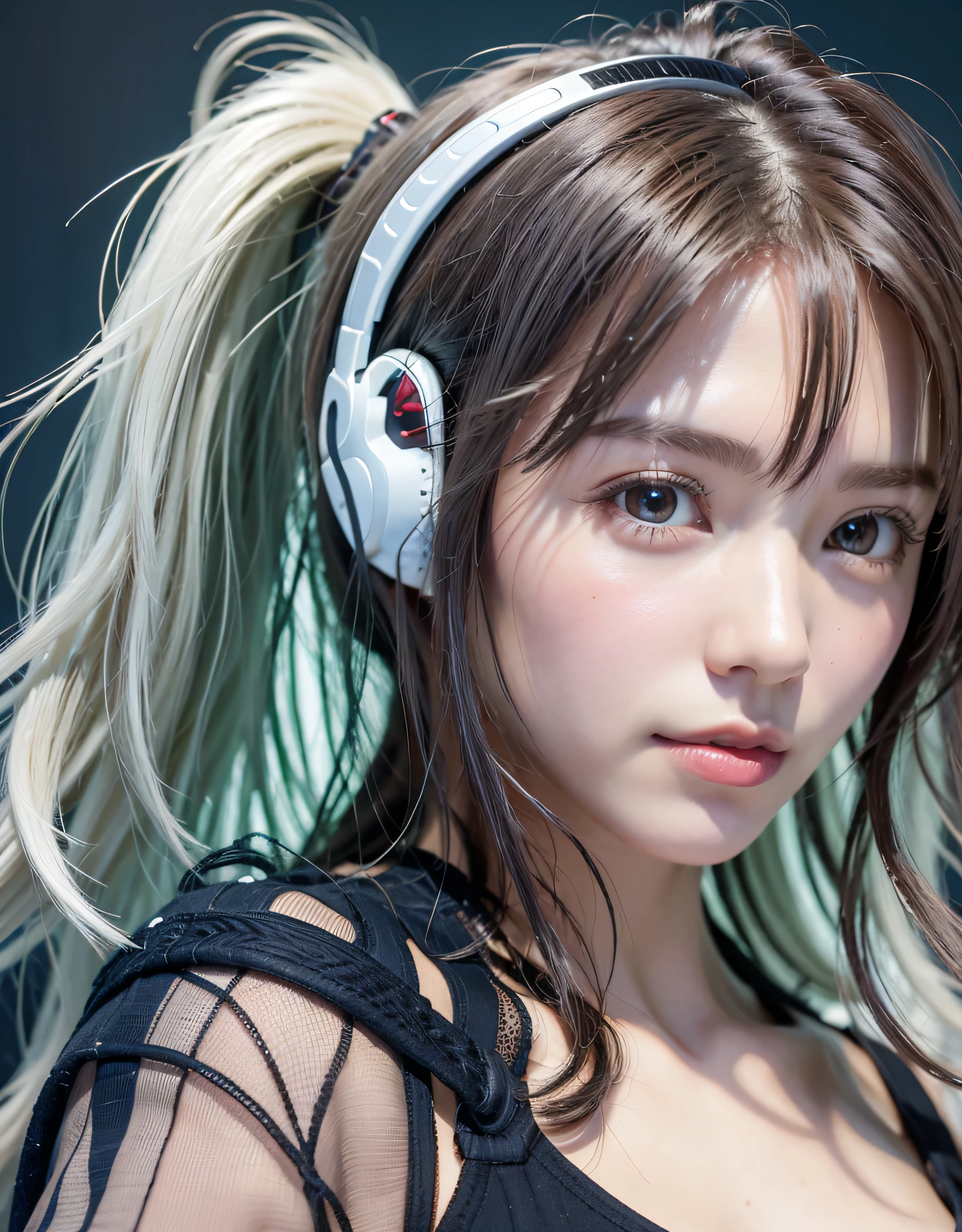 highest quality、8K masterpiece、超A high resolution、(Photoreal:1.3)、RAW photo、1 girl、silver hair、ponytail、glowing skin、1 Super Beautiful College Girl、((Ultra realistic details))、portrait、global illumination、Shadow、octane rendering、8k、super sharp、very intricate details、realistic light、Trends in CG society、beautiful eyes、shining eyes、towards the camera、headset、carbon fiber bra、
