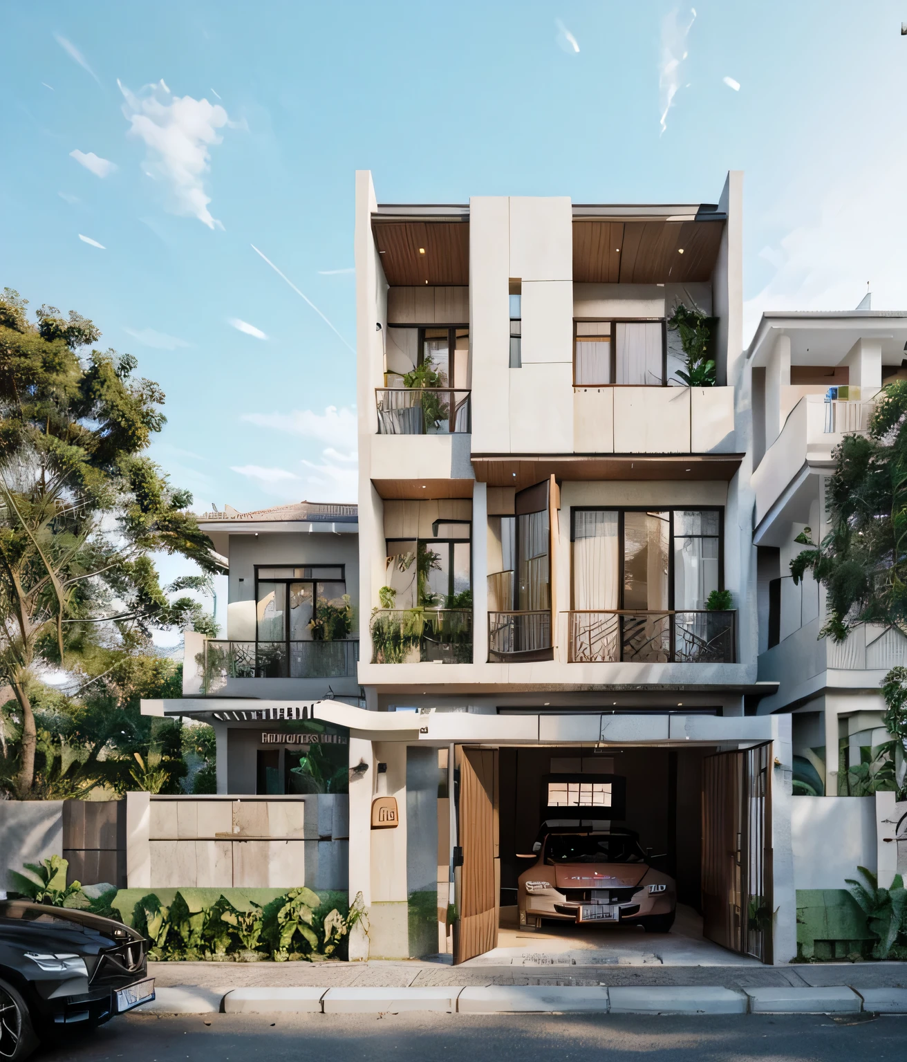 Realistic, high-quality image,8k, classic villa, street house, 3 stories, sloppy roof, ceramic tiles on roof, large windows, french style, Indochina architecture, 1930, Ernest Hébrard architect, wooden gate, fence with stell patterns, daylighting, beautiful sunset, trees, lighting poles on street, wires, luxurious cars