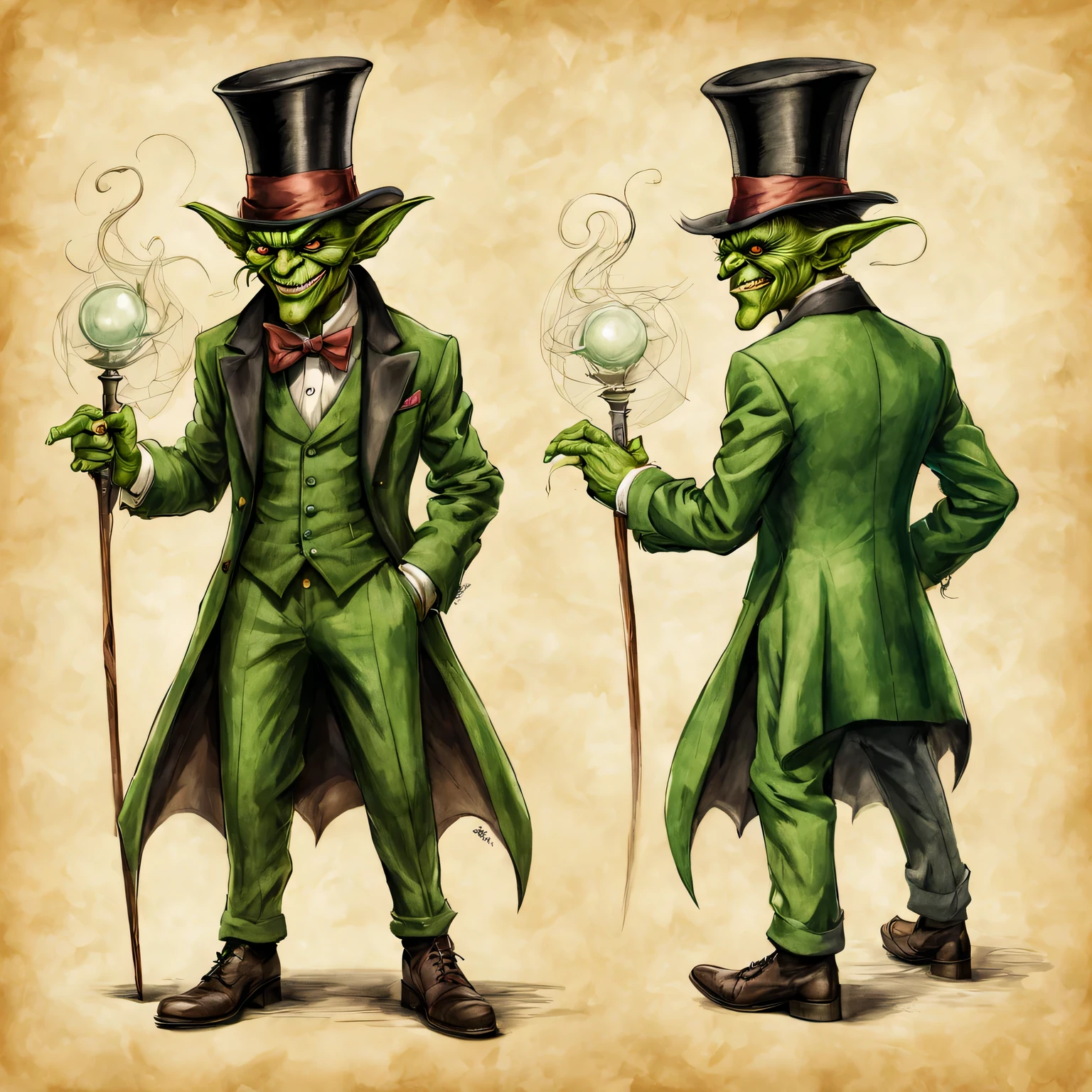 Character design sheet on old parchment, pencil and acrylic sketch, green goblin in a business suit and a top hat on his head, Front and rear view, left and right view, clear contours, High detail, A high resolution