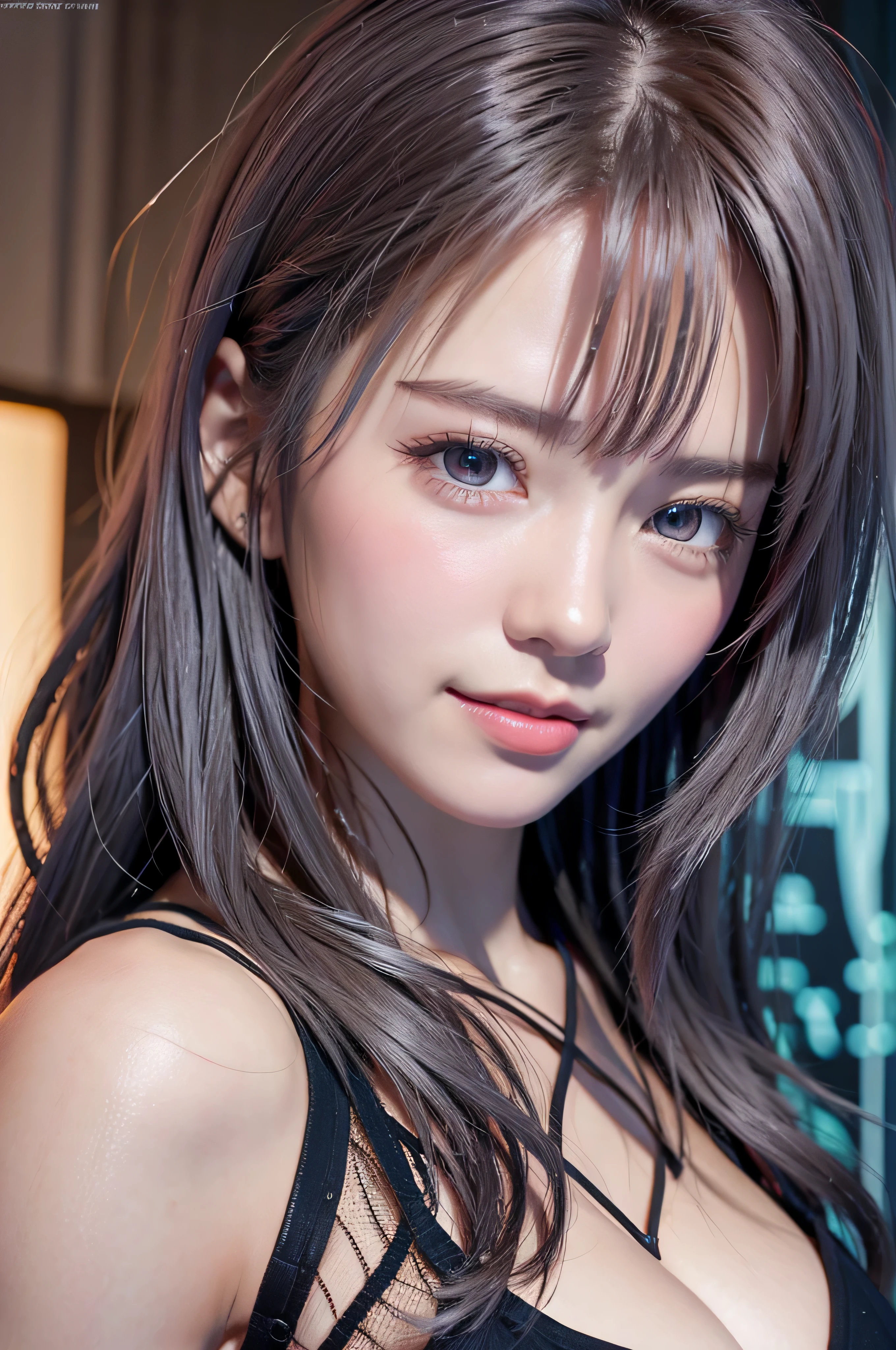 highest quality、8K masterpiece、超A high resolution、(Photoreal:1.3)、RAW photo、1 girl、silver hair、glowing skin、1 Cyberpunk Super Beautiful Soldier、((Ultra realistic details))、portrait、global illumination、Shadow、octane rendering、8k、super sharp、beautiful breasts、Raw skin exposed by cleavage、Metal、cold color、、very intricate details、realistic light、Trends in CG society、beautiful eyes、shining eyes、stare at the camera、neon details、cute smile