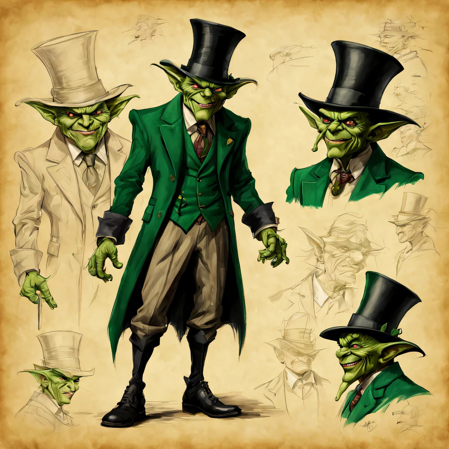 Character design sheet on old parchment, pencil and acrylic sketch, green goblin in a business suit and a top hat on his head, Front and rear view, left and right view, clear contours, High detail, A high resolution, Character Data Sheet, inscriptions and instructions