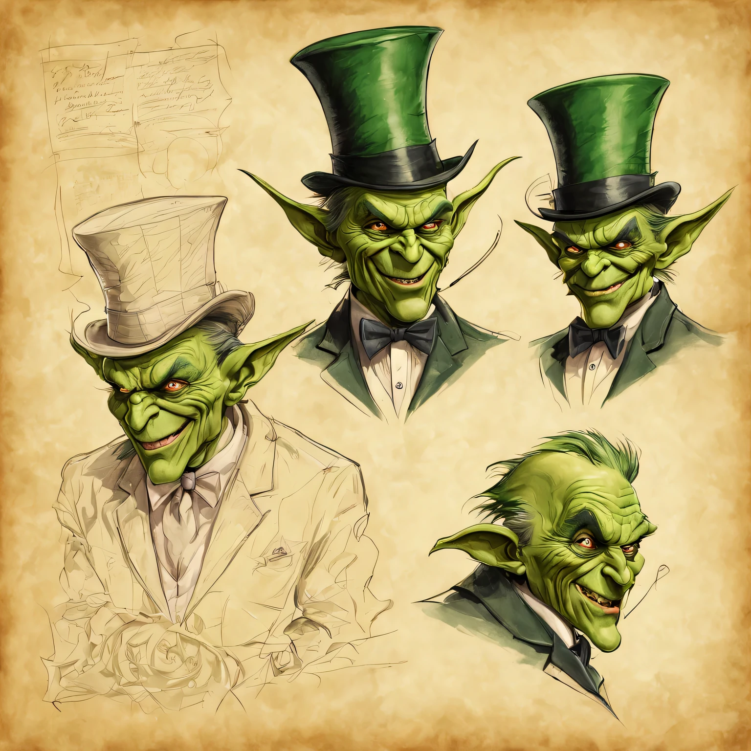 Character design sheet on old parchment, pencil and acrylic sketch, green goblin in a business suit and a top hat on his head, Front and rear view, left and right view, clear contours, High detail, A high resolution, Character Data Sheet, inscriptions and instructions
