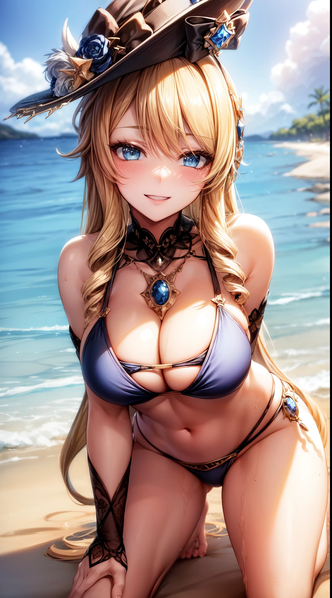 anime, beautiful face, highly detailed face, 2 accurate legs, blue detailed eyes, highly detailed beach background, perfect lighting, best body lighting, navia hat, 1girl, solo, navia, genshin impact, outdoors, beautiful blonde long hair, absurdres, high res, ultrasharp, 8K, masterpiece, looking at viewer, (happy loving smile:1.2), blushing loads, BREAK (detailed sexy beach bikini:1.5), all intricate lace, ( elegant pose:1.2), (kneeling on the beach:1.2), close up
