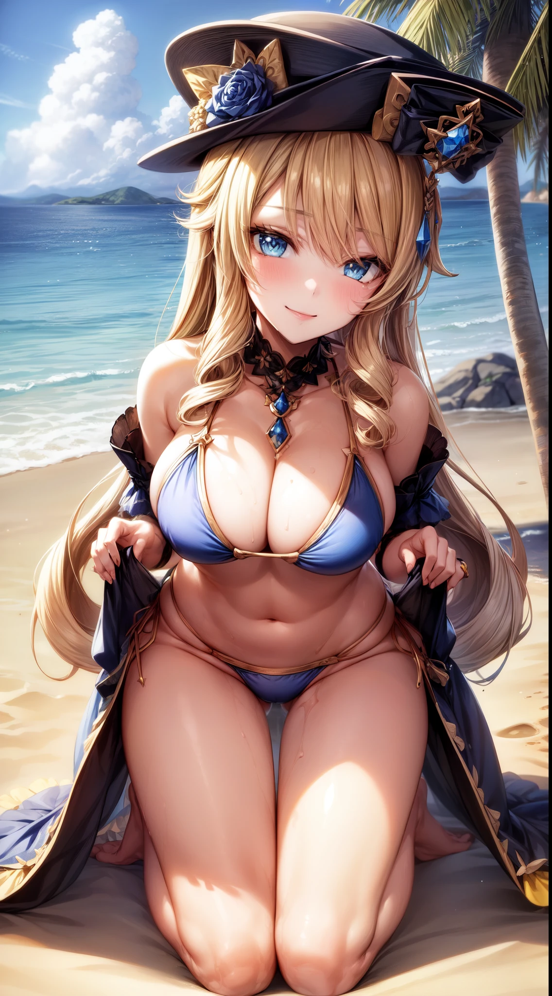 anime, beautiful face, highly detailed face, 2 accurate legs, blue detailed eyes, highly detailed beach background, perfect lighting, best body lighting, navia hat, 1girl, solo, navia, genshin impact, outdoors, beautiful blonde long hair, absurdres, high res, ultrasharp, 8K, masterpiece, looking at viewer, (happy loving smile:1.2), blushing loads, BREAK (detailed sexy beach bikini:1.5), all intricate lace, ( elegant pose:1.2), (kneeling on the beach:1.2), close up