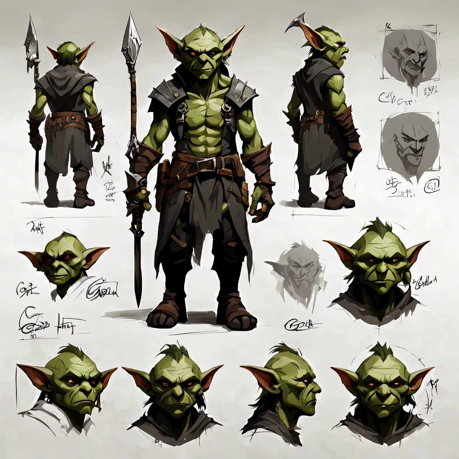 character design sheet, goblin hunter, front view, Back and side, sketch on sheet