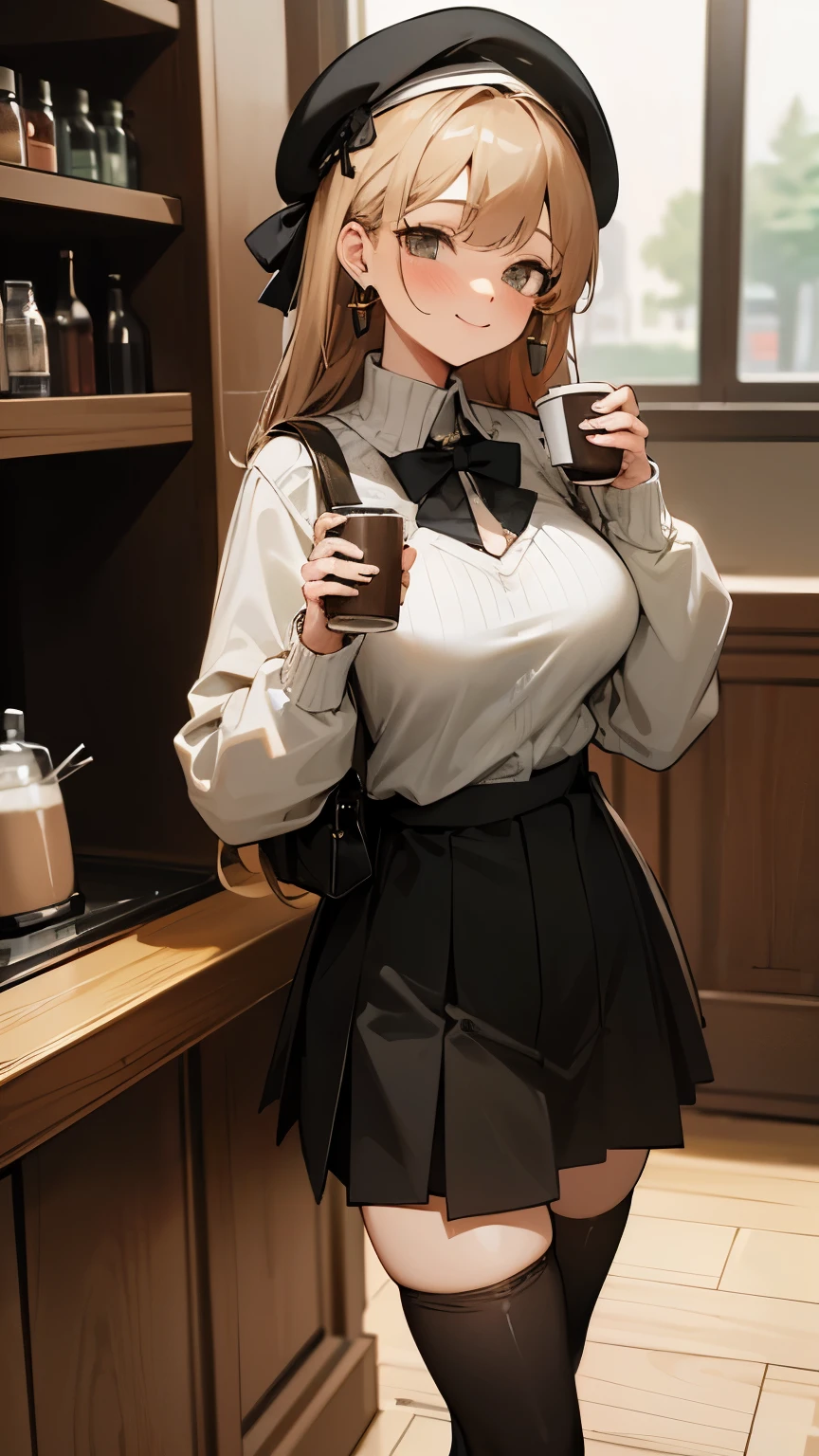 masterpiece, best quality, absurdres, highres, ultra-detailed, extremely detailed CG unity 8k wallpaper, 25 years old girl, sweater, skirt, thighhigh, boots, beret, smile, blush, standing in a coffee shop, big breast, earrings, holding a cup of coffee in her hand