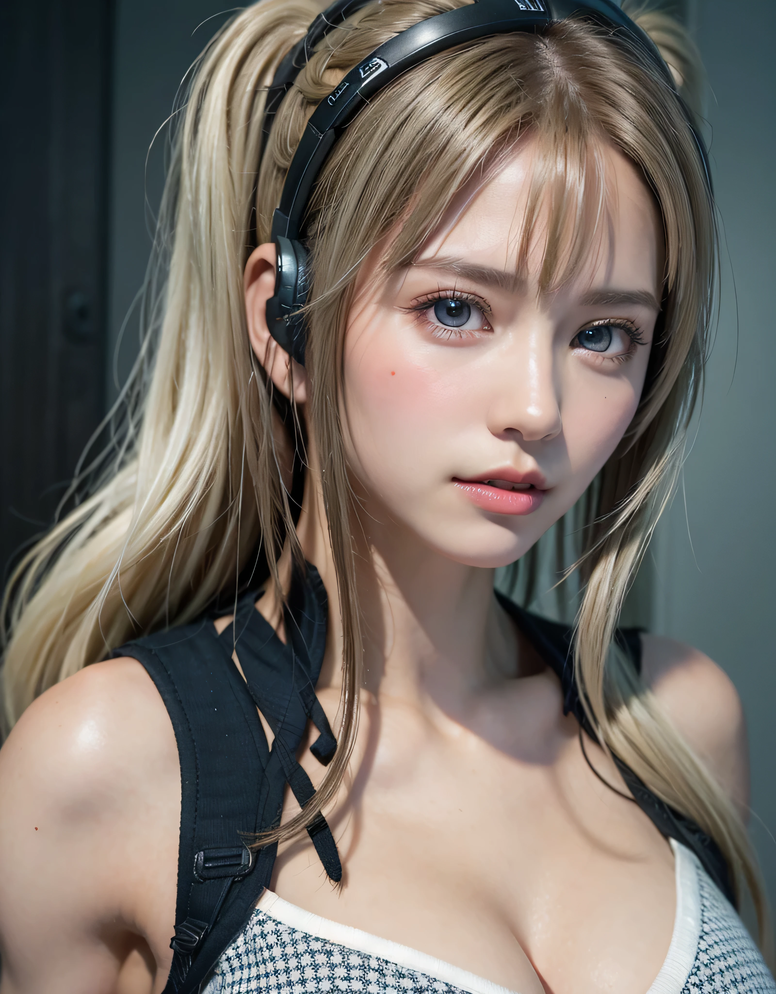 highest quality、8K masterpiece、超A high resolution、(Photoreal:1.3)、RAW photo、1 girl、silver hair、braided twin tails、glowing skin、1 Super Beautiful College Girl、((Ultra realistic details))、portrait、global illumination、Shadow、octane rendering、8k、super sharp、very intricate details、realistic light、Trends in CG society、beautiful eyes、blue shining eyes、towards the camera、headset、carbon fiber bra、cleavage、
