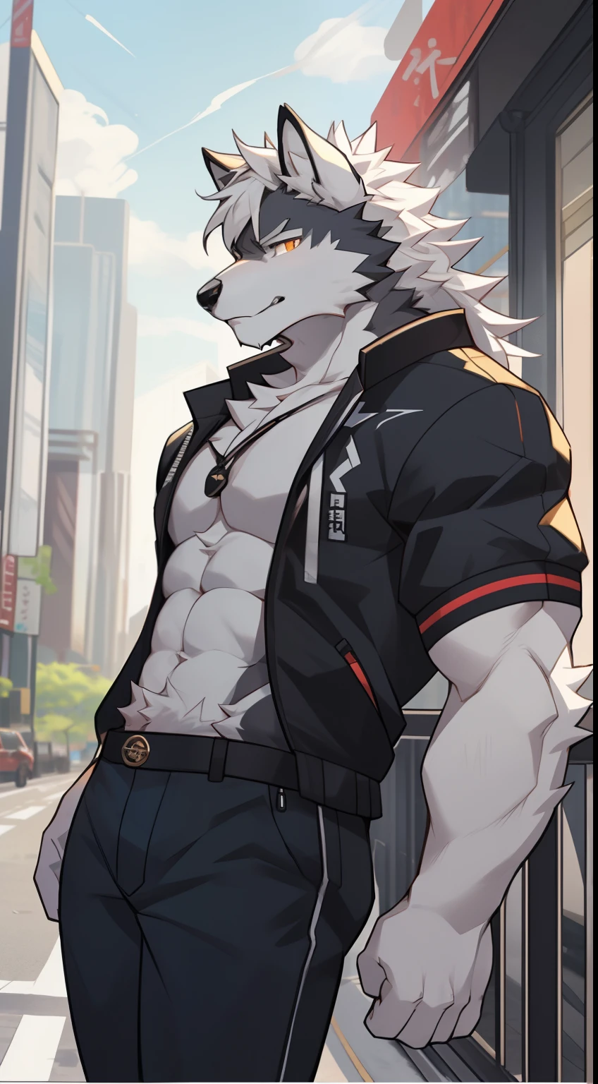 gray wolf,long white hair,City,golden pupils,Handsome,Have a better figure,Say hello by chance,Cai Xukun's
