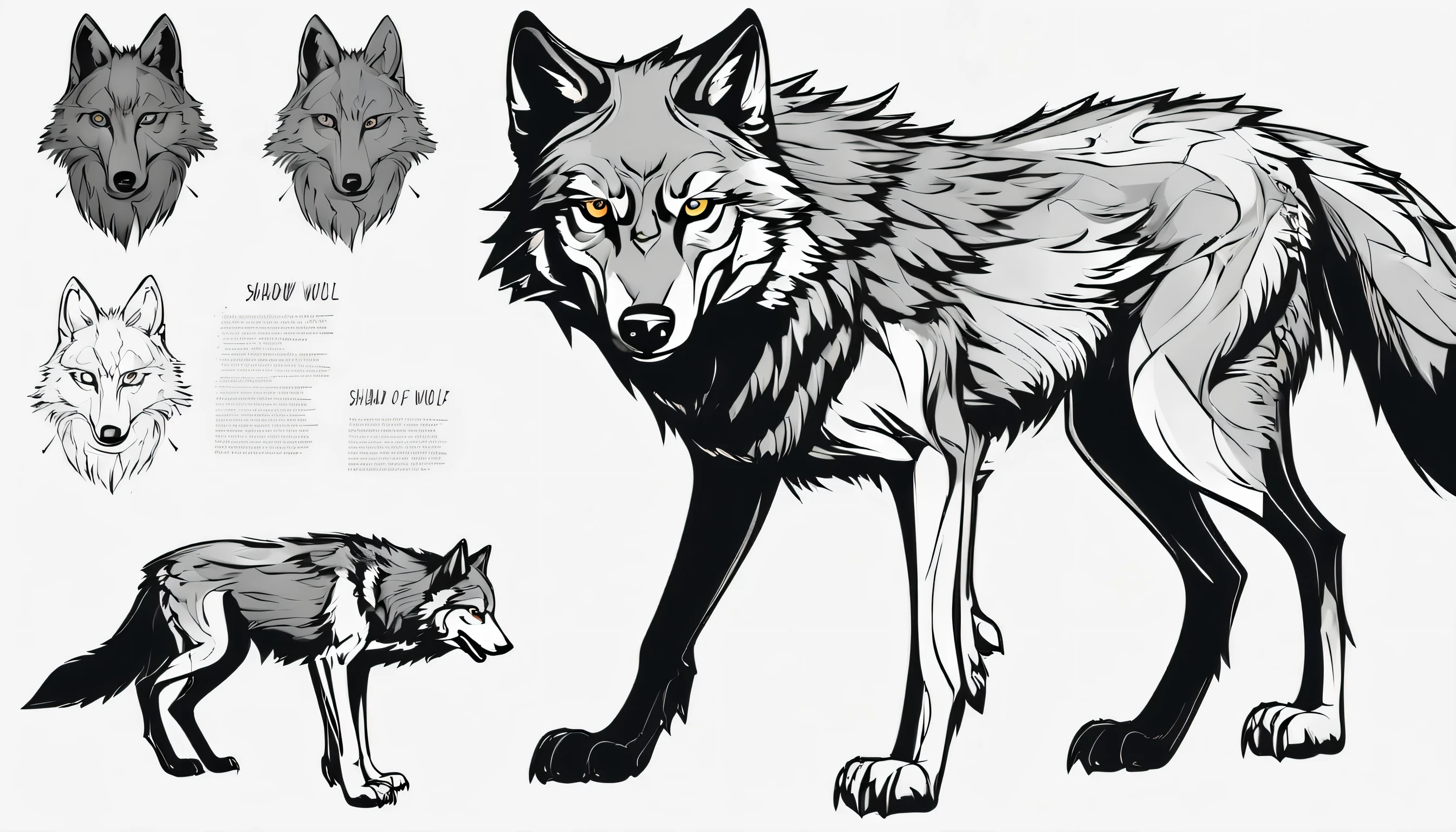wild gray wolf shadow, Character design sheet with ultra-fine illustrations, clear eyes, various angles, descriptive handwritten text,