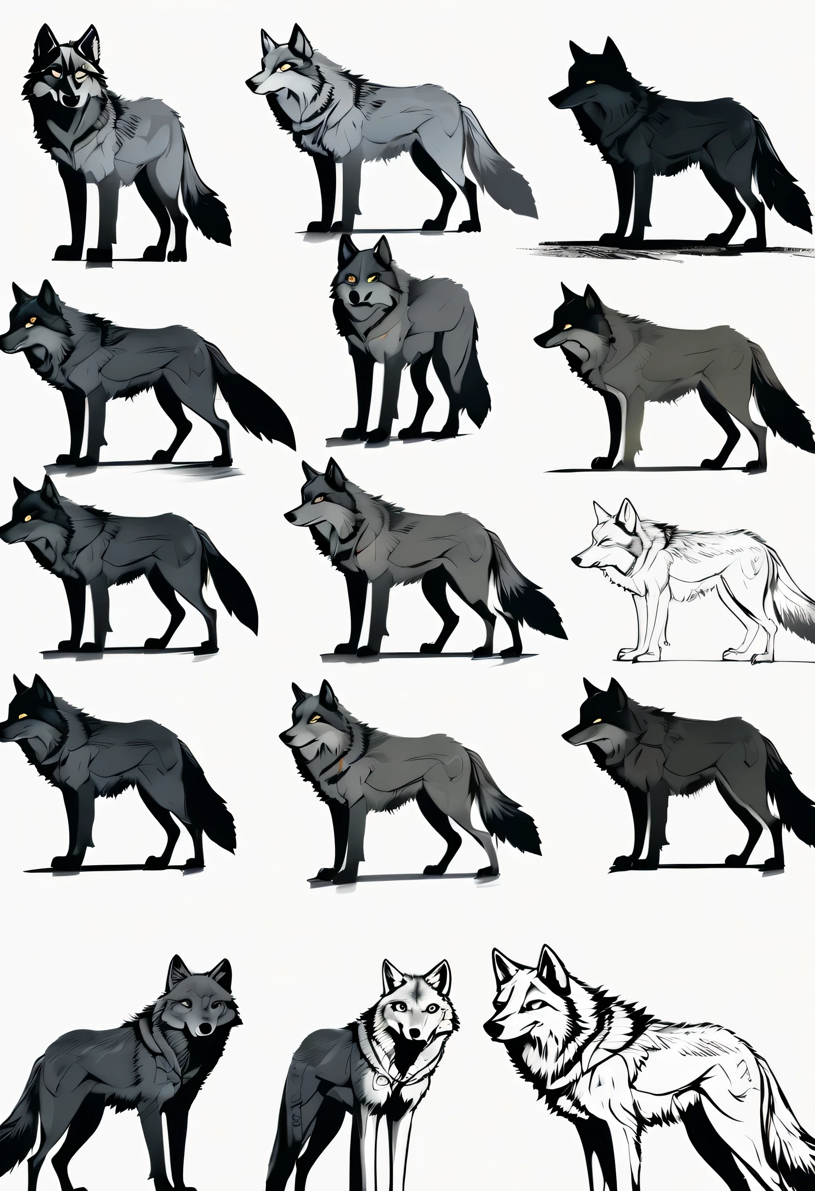 wild gray wolf shadow, Character design sheet with ultra-fine illustrations, clear eyes, various angles, descriptive handwritten text,