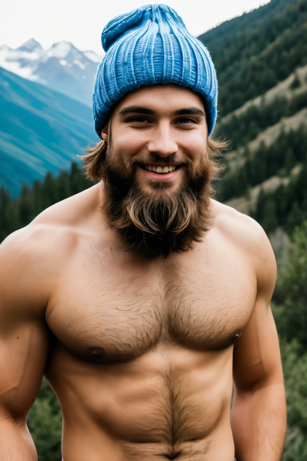 beautiful and very detailed young man with long curly silver hair and blue eyes beard muscular bare chest corpulent captivating smile bracelets a very hairy hat image background of mountains