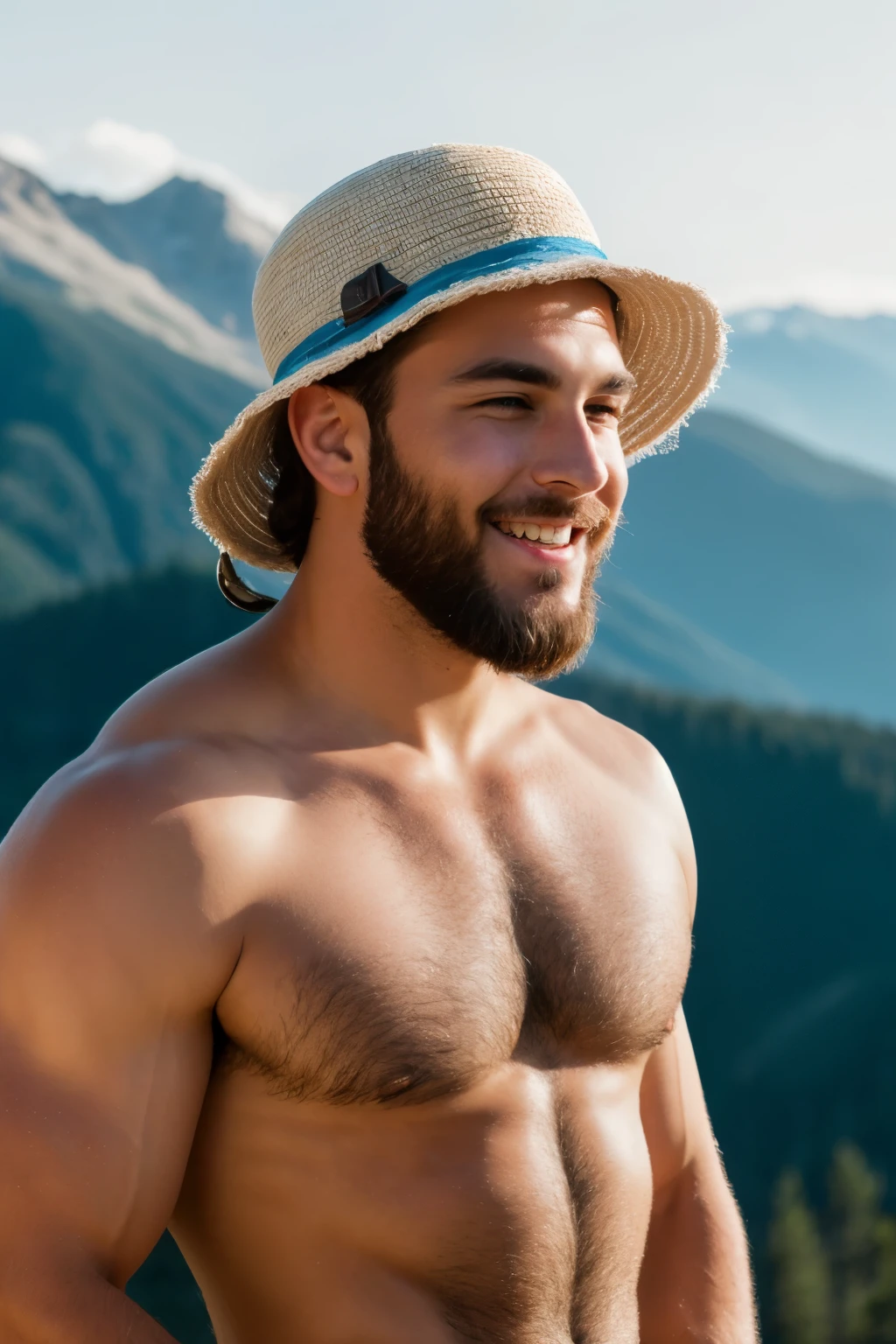 beautiful and very detailed young man with long curly silver hair and blue eyes beard muscular bare chest corpulent captivating smile bracelets a very hairy hat image background of mountains