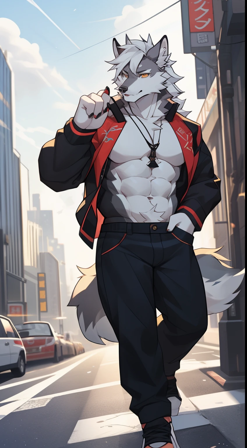 gray wolf，long white hair，City，golden pupils，Handsome，Have a better figure，Say hello by chance，Cai Xukun's