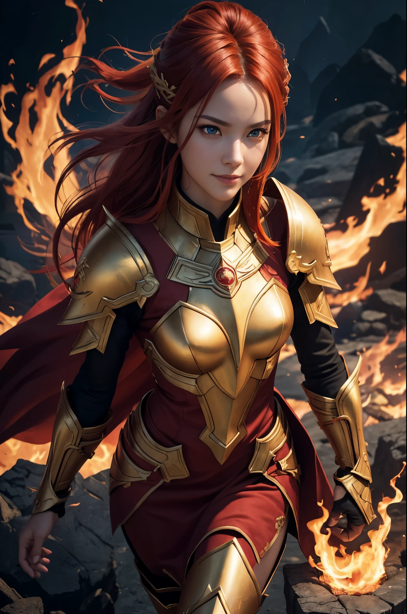 8k、alone、16 year old Goddess of Fire,Super beautiful(like the real thing),red eyes,Super beautiful,Beautiful red hair,Flashy flame god makeup,gorgeous red combat long dress,sexy.golden decoration,,Remains,amazing work of art、wind effect:1.9、cloud effect:1.2、explosive flame,full rendering、unreal engine,ultra high resolution,super realistic skin,Super precise hand details,fantasy art,Photorealistic RAW photos of the highest quality。Backlight, cinematic lighting, film grain, to be born, 50mm lens, Nikon D850,realistic skin,fantasy art,character art,ultra high resolution,Macho with a muscular slender body,Precise facial details,smile,Improve the quality of facial expressions,perspective from above,accurate human body structure,perfect hands,Flame Hair Ornament,gorgeous flame shoulder armor(flame emblem),gorgeous flame gauntlet(flame emblem),luxury leg armor(flame emblem),
