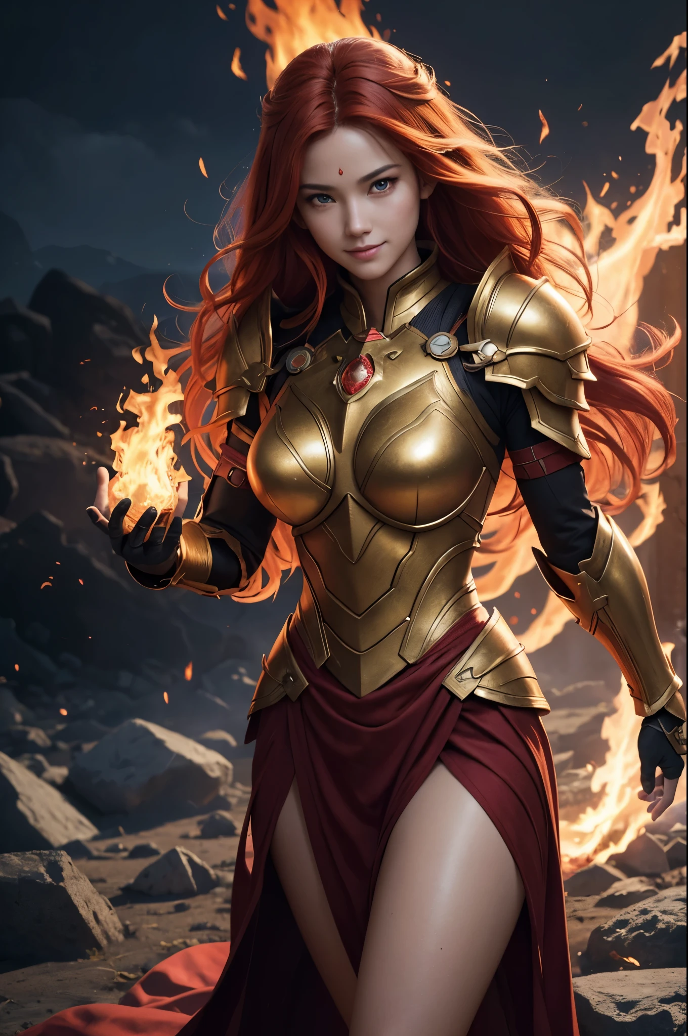 8k、alone、16 year old Goddess of Fire,Super beautiful(like the real thing),red eyes,Super beautiful,Beautiful red hair,Flashy flame god makeup,gorgeous red combat long dress,sexy.golden decoration,,Remains,amazing work of art、wind effect:1.9、cloud effect:1.2、explosive flame,full rendering、unreal engine,ultra high resolution,super realistic skin,Super precise hand details,fantasy art,Photorealistic RAW photos of the highest quality。Backlight, cinematic lighting, film grain, to be born, 50mm lens, Nikon D850,realistic skin,fantasy art,character art,ultra high resolution,Macho with a muscular slender body,Precise facial details,smile,Improve the quality of facial expressions,perspective from above,accurate human body structure,perfect hands,Flame Hair Ornament,gorgeous flame shoulder armor(flame emblem),gorgeous flame gauntlet(flame emblem),luxury leg armor(flame emblem),