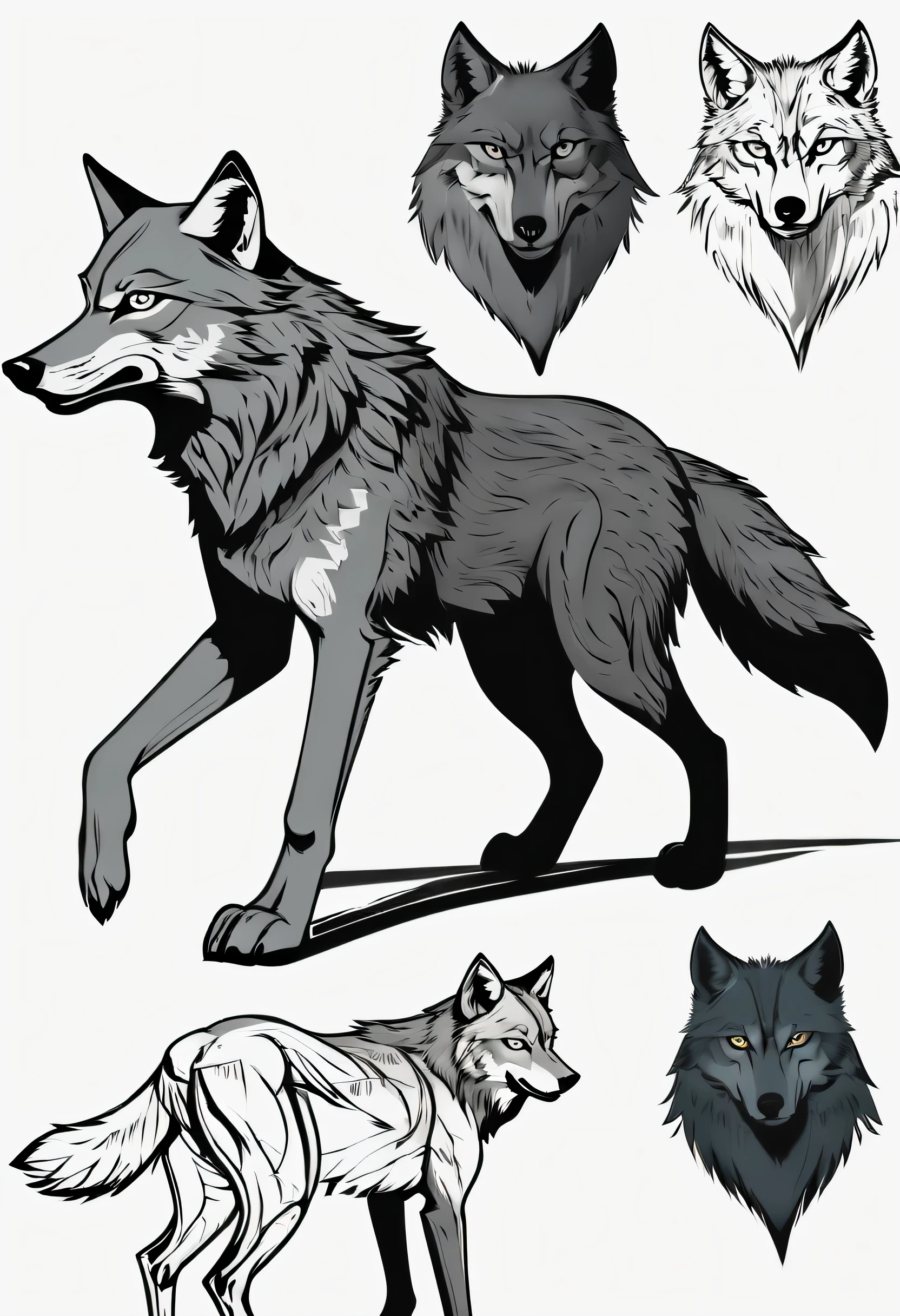 wild gray wolf shadow, Character design sheet with ultra-fine illustrations, clear eyes, various angles, descriptive handwritten text,