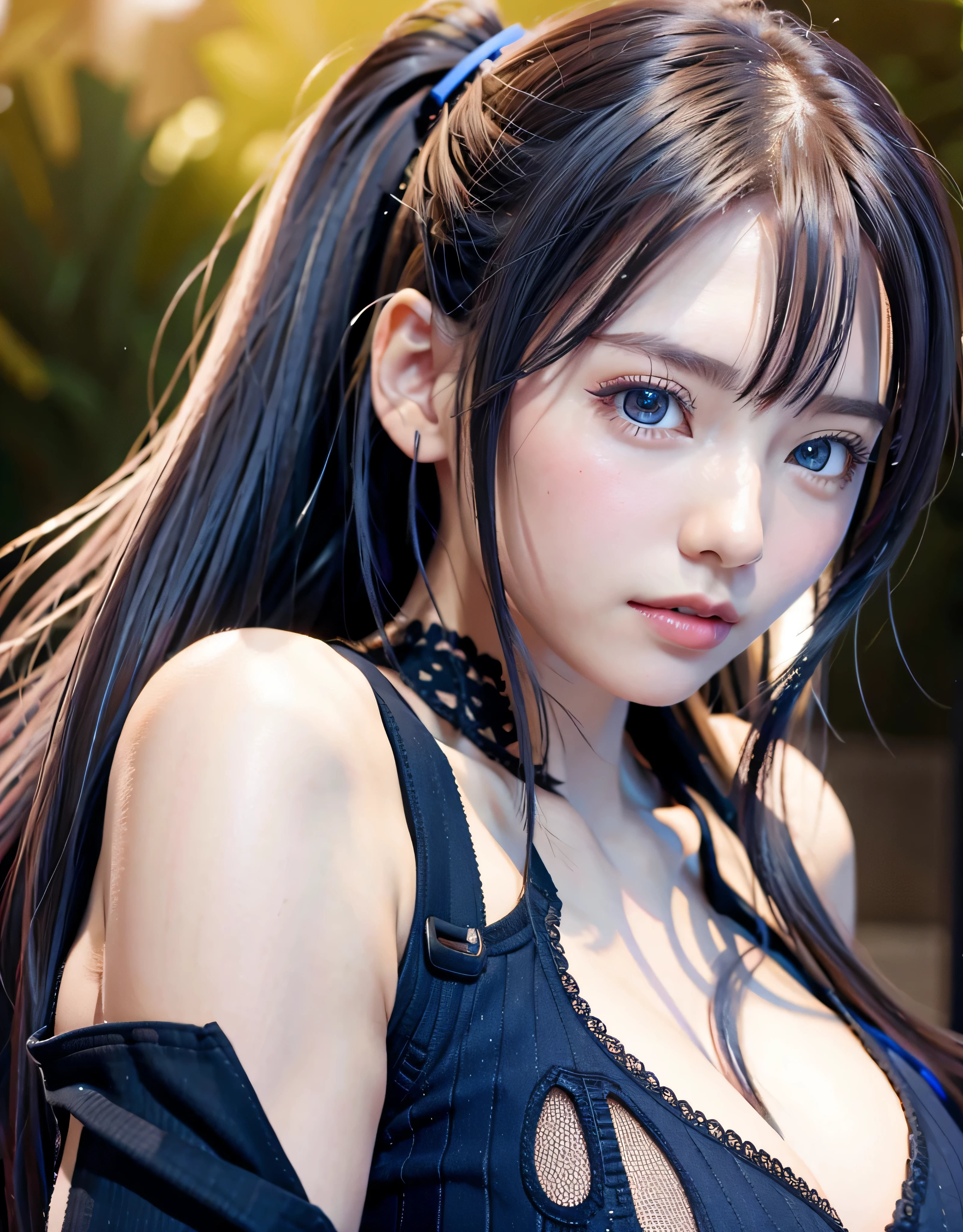 highest quality、8K masterpiece、超A high resolution、(Photoreal:1.3)、RAW photo、1 girl、silver hair、braided twin tails、glowing skin、1 Super Beautiful College Girl、((Ultra realistic details))、portrait、global illumination、Shadow、octane rendering、8k、super sharp、very intricate details、realistic light、Trends in CG society、beautiful eyes、blue shining eyes、towards the camera、headset、carbon fiber bra、cleavage、
