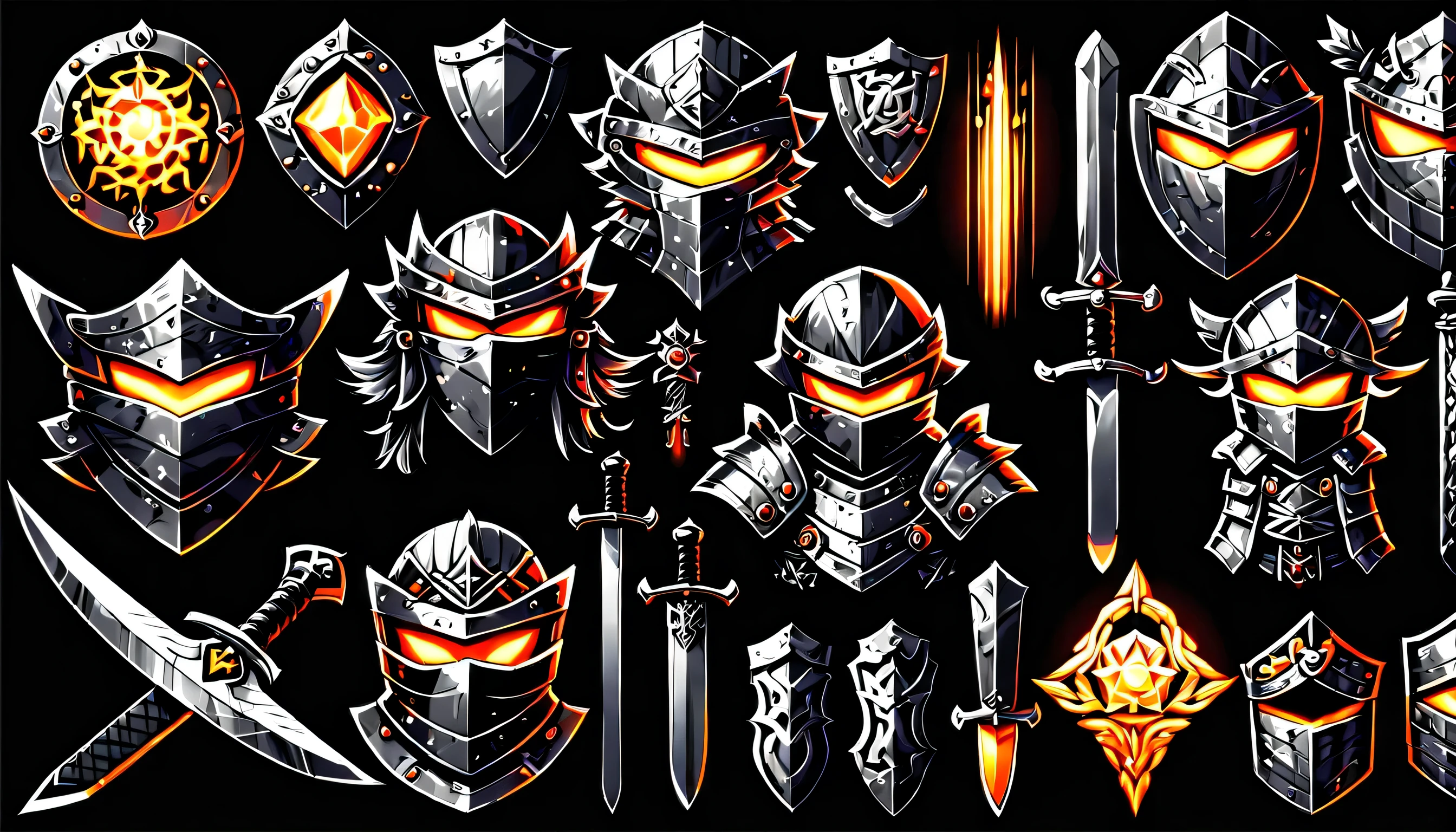Metal orange core pulsates with energy, A fiery shadow ninja from the design sheet emerges from the darkness., (((Fine, beautiful, sharp eyes:1.2))), (((With status window details display:1.3))), black to gray gradient background paper, various poses, fearless, Rin々New, cute, anger, laughter, Looks like dark fantasy, authentic fantasy game, Elegant and precise atmosphere, decorative sword, crystal sword, 美New鎧, Dark fantasy of elaborate armor, intricate details grunge, Very delicate touch, ultra-fine brush strokes, super high quality, highest quality, tonal contrast, (((high quality and resolution:1.3))), ライトアップされた美New, Each piece is intricately detailed with grunge accents, its center radiates energy, (((Grunge with exquisite details:1.3))),