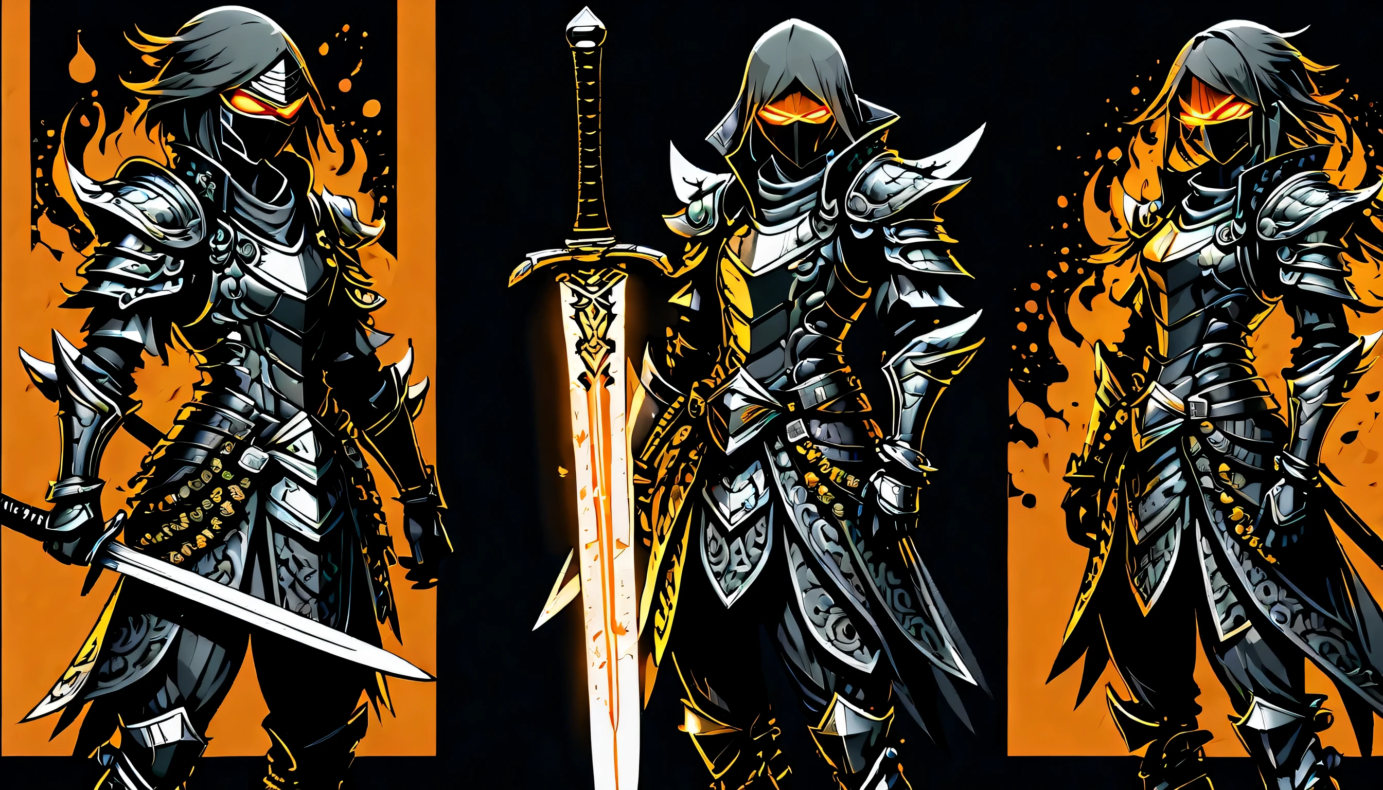 Metal orange core pulsates with energy, A fiery shadow ninja from the design sheet emerges from the darkness., (((Fine, beautiful, sharp eyes:1.2))), (((With status window details display:1.3))), black to gray gradient background paper, various poses, fearless, Rin々New, cute, anger, laughter, Looks like dark fantasy, authentic fantasy game, Elegant and precise atmosphere, decorative sword, crystal sword, 美New鎧, Dark fantasy of elaborate armor, intricate details grunge, Very delicate touch, ultra-fine brush strokes, super high quality, highest quality, tonal contrast, (((high quality and resolution:1.3))), ライトアップされた美New, Each piece is intricately detailed with grunge accents, its center radiates energy, (((Grunge with exquisite details:1.3))),