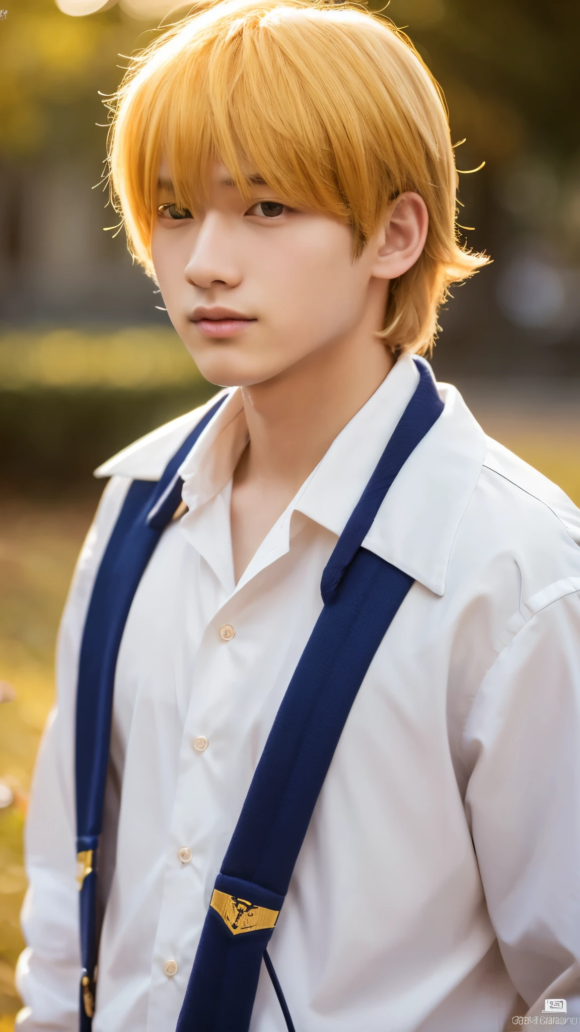 describe a boy aged 16, 155cm tall, and has golden yellow hair.wearing school uniform,and has a smooth face, 4k quality, Korea art, Webtoon art
