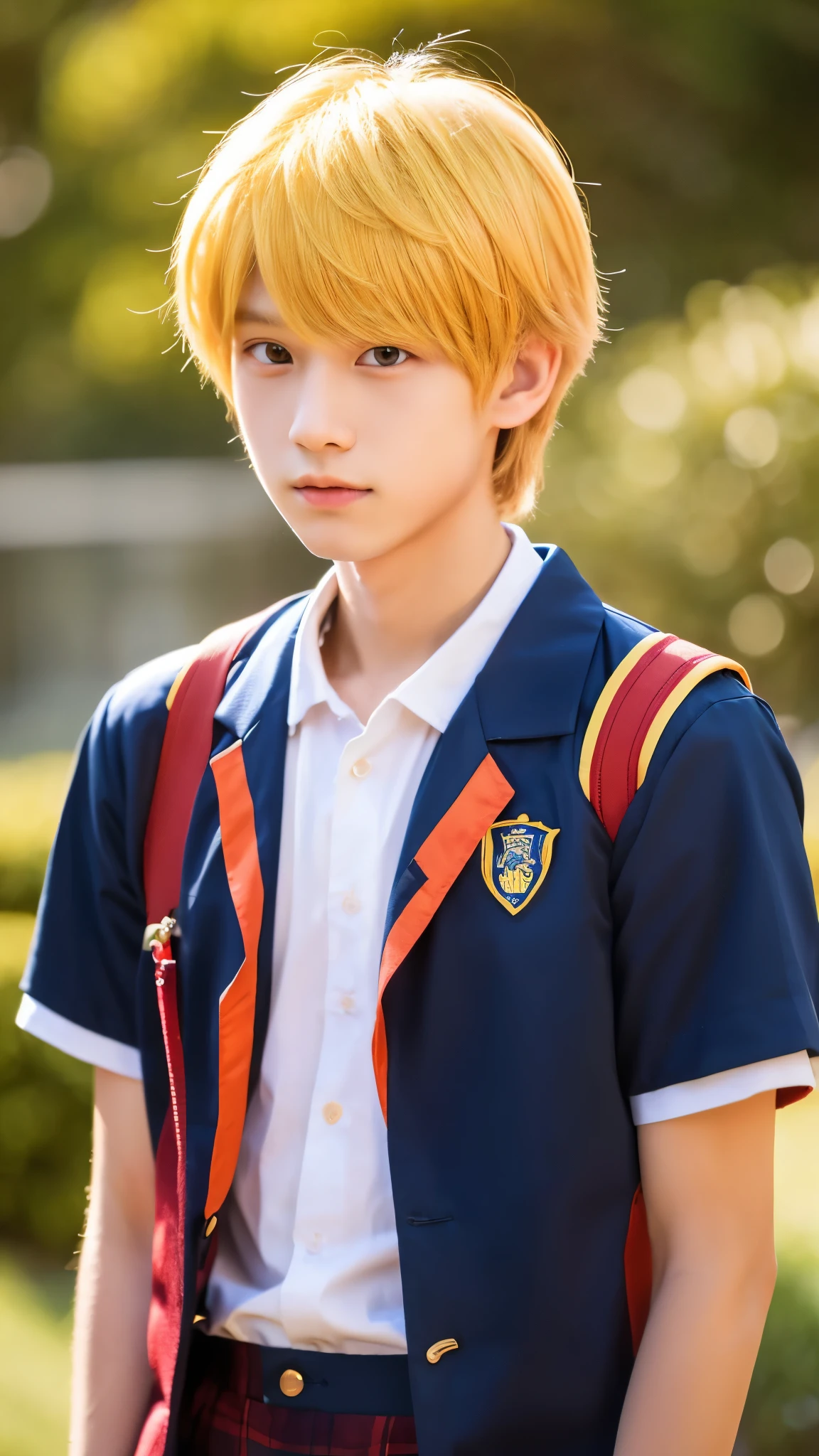 describe a boy , 155cm tall, and has golden yellow hair.wearing school uniform,and has a smooth face, 4k quality, Korea art, Webtoon art