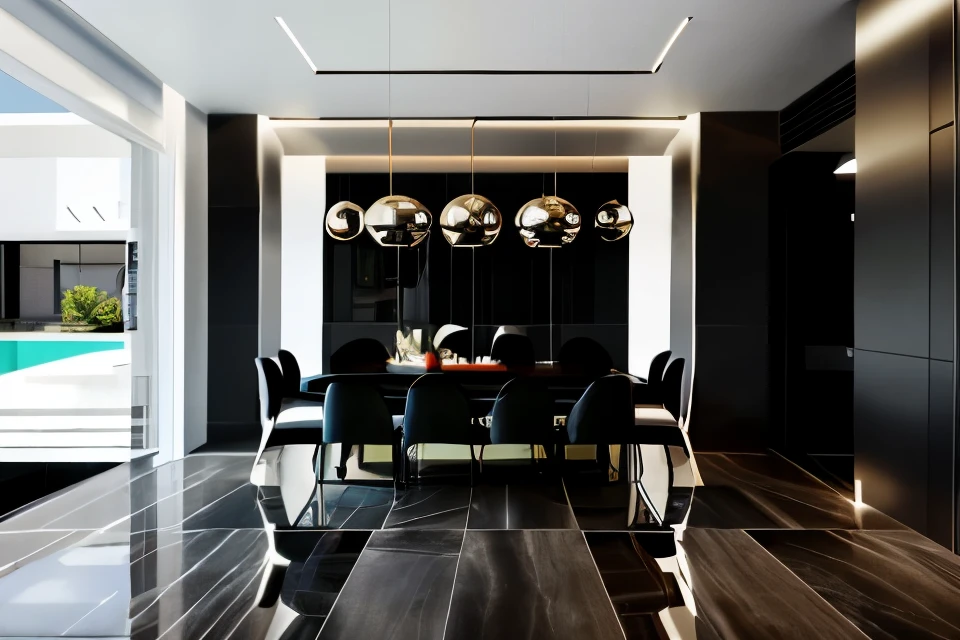 dining room, glossy black furniture