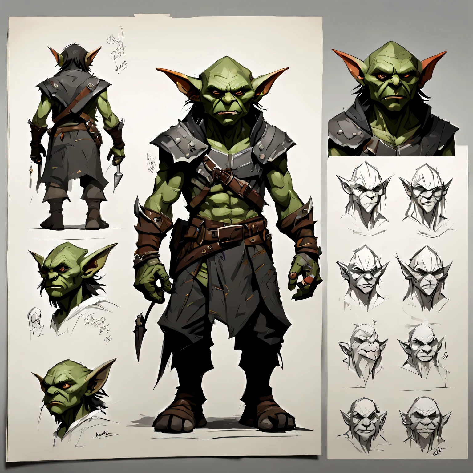 character design sheet, goblin hunter, front view, Back and side, sketch on sheet