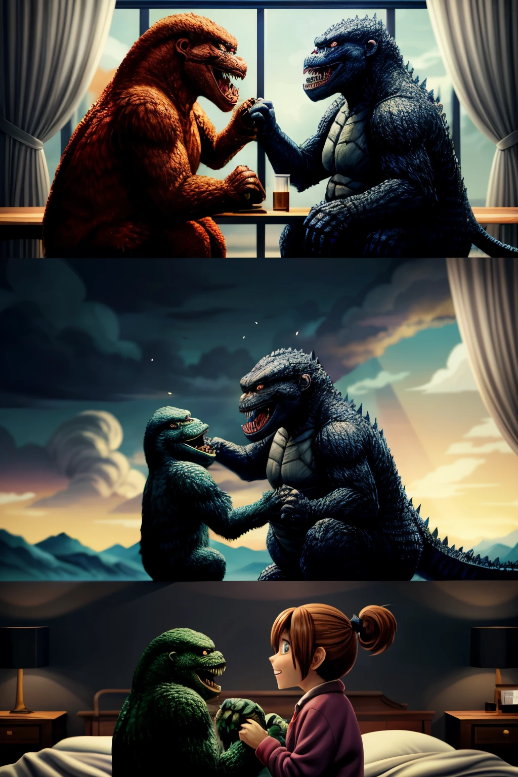 Godzilla and King Kong, two legendary monsters, share a cozy moment on the bed in this adorable anime-style illustration. With their fierce natures put aside, they embrace each other in a heartwarming display of camaraderie. The scene is filled with joy and tranquility, creating a striking contrast to their usual destructive battles.
In this living room setting, the 16:9 aspect ratio enhances the sense of depth and width, capturing every charming detail. The anime style is evident in the cute, expressive character designs and the intricate background elements. Each line and texture in this high-definition, ultra-detailed image is meticulously designed to delight