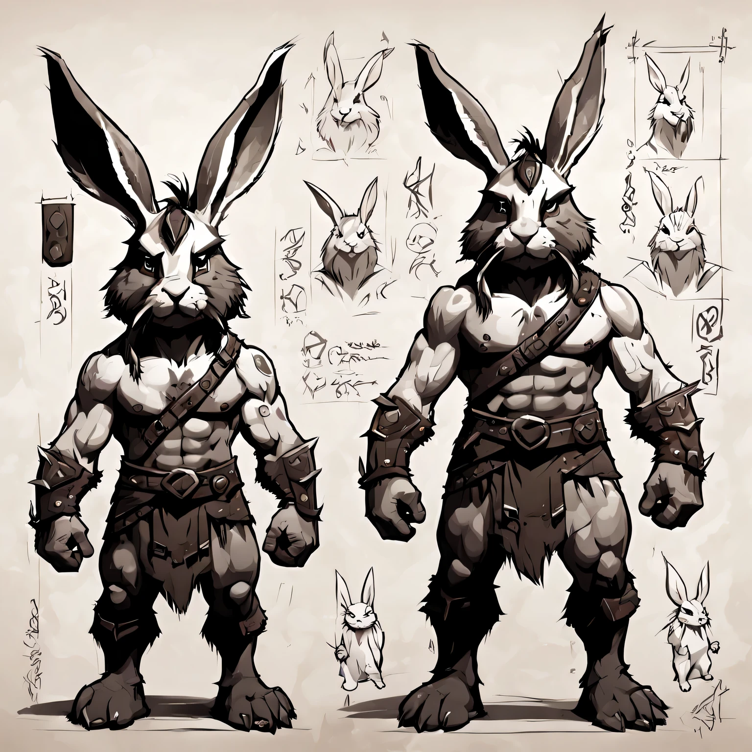 character design sheet, barbary rabbit, front view, Back and side, sketch on sheet