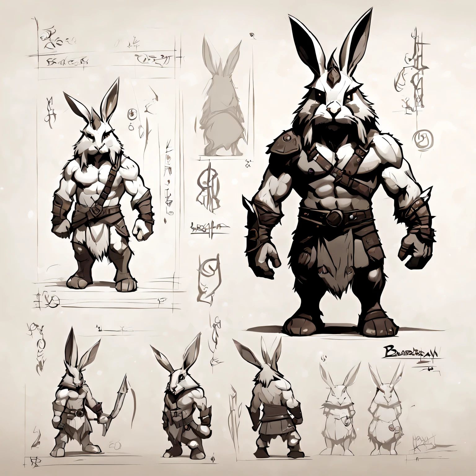 character design sheet, barbary rabbit, front view, Back and side, sketch on sheet