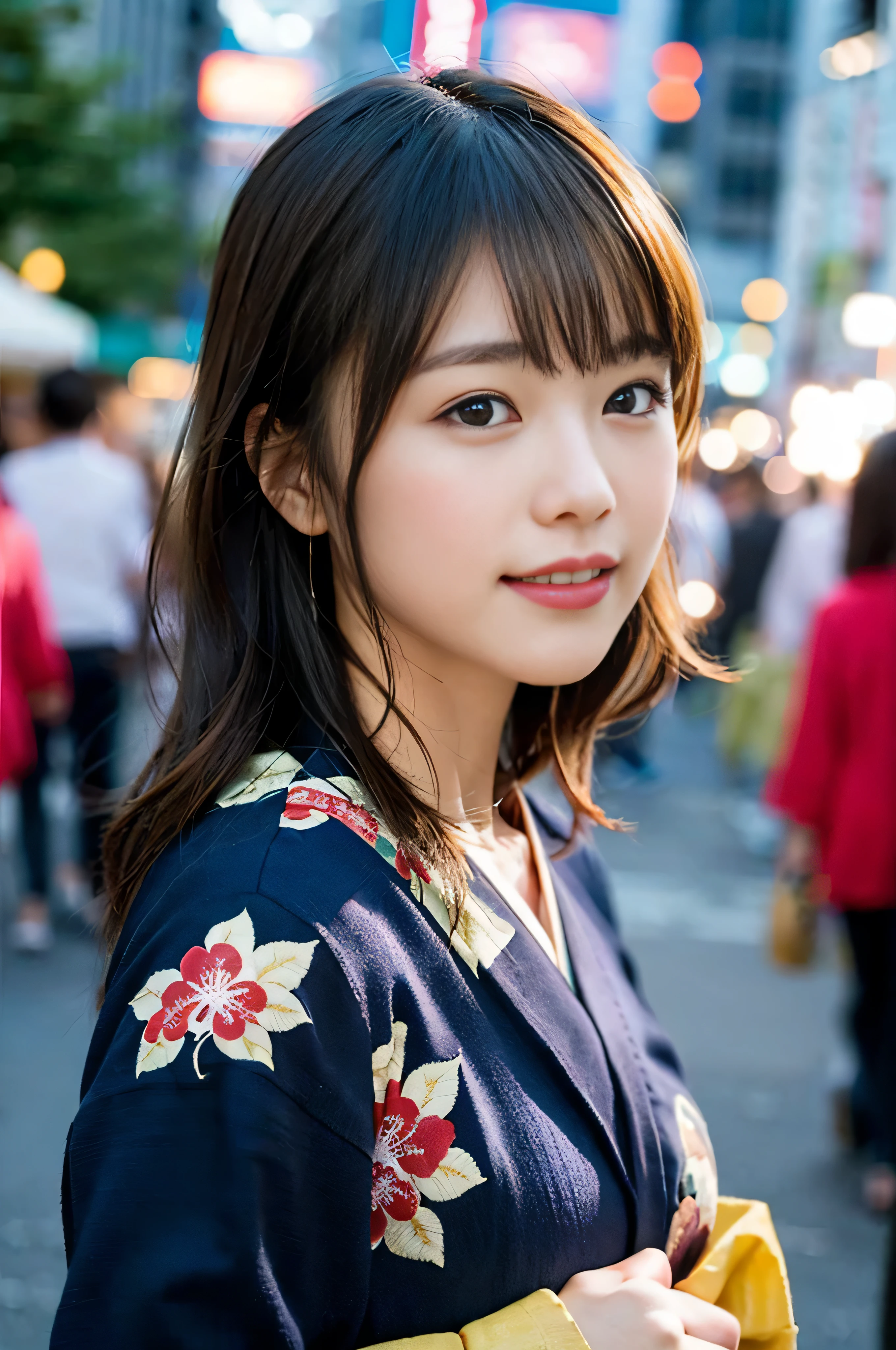 (8K、Raw photography、top-quality、masterpiece:1.2)、(realisitic、Photorealsitic:1.37)、ultra-detailliert、超A high resolution、1 girl、see the beholder、beautifull detailed face、A smile、Constriction、(Slim waist) :1.3)、Beautiful detailed skin、Skin Texture、Floating hair、Professional Lighting、Whole human body、Longhaire、a blond、Japan floral yukata、matsuri、In the street、sparklers、Bob Hair