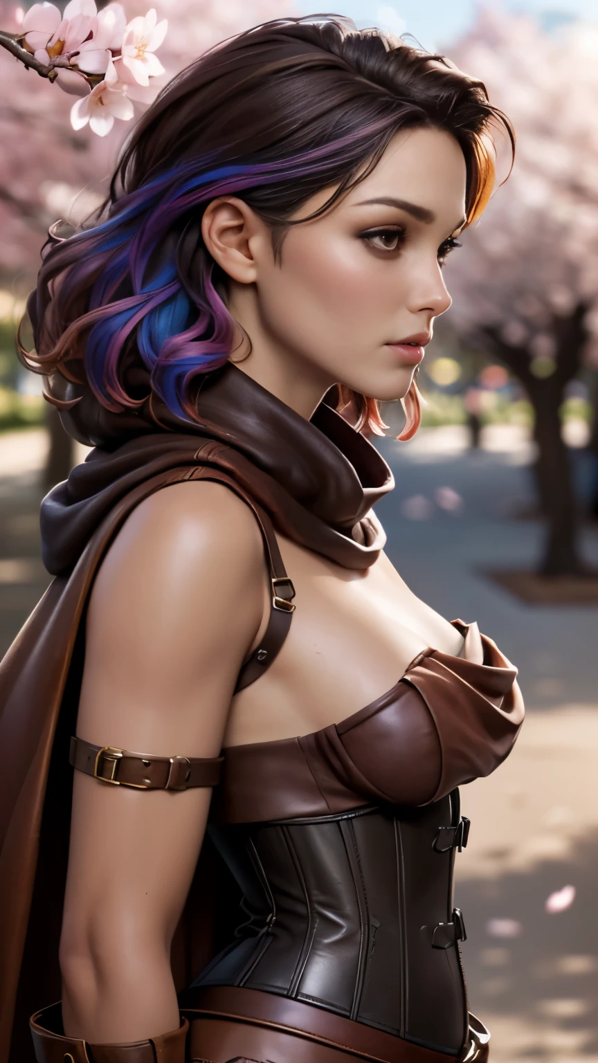 photo of celebrity, RAW, beautiful woman, ((portrait)), ((detailed face, colorful rainbow hair:1.2)), ((detailed facial feature, detailed skin, clear skin, parted lips), (perfect proportioned body, medium breasts), (wearing revealing clothes, brown leather, cowl, cloak, corset, skirt, long boots, buckles, straps, pouches, fabric, brown leather: 1.5)), (high detailed park with cherry blossoms: 1.3), (side profile, realistic photo, best quality, detailed), (8k wallpaper), (cinematic lighting, dramatic lighting) (sharp focus, intricate)