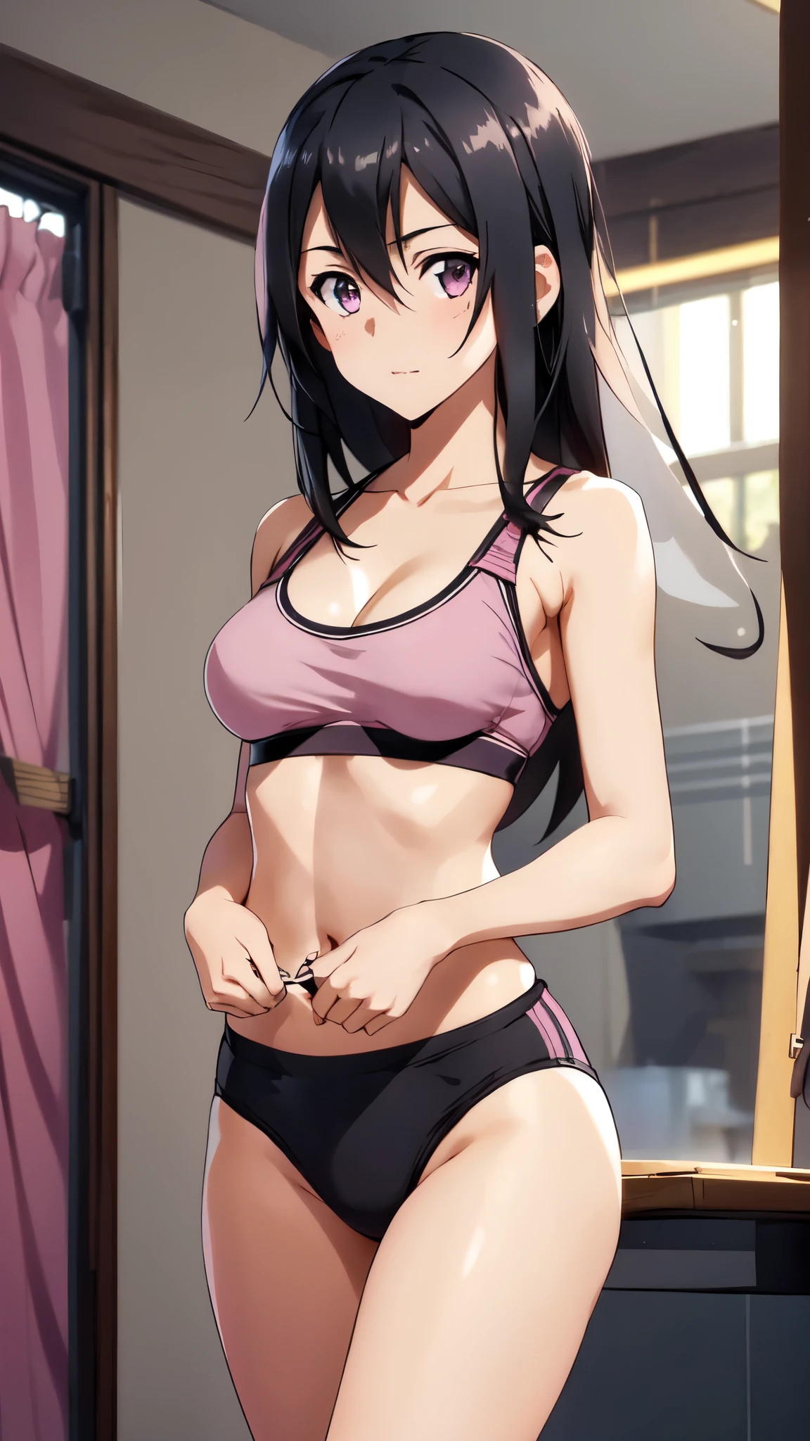1girl, in front of you, looking at the audience, beautiful kirito_ggo, long hair, black hair, brown eyes, perfect proportion, large breasts, seductive girl, pink sports Bra, pink underpants, in room, best quality, masterpiece, intricate details, tonemapping, sharp focus, hyper detailed, trending on Artstation