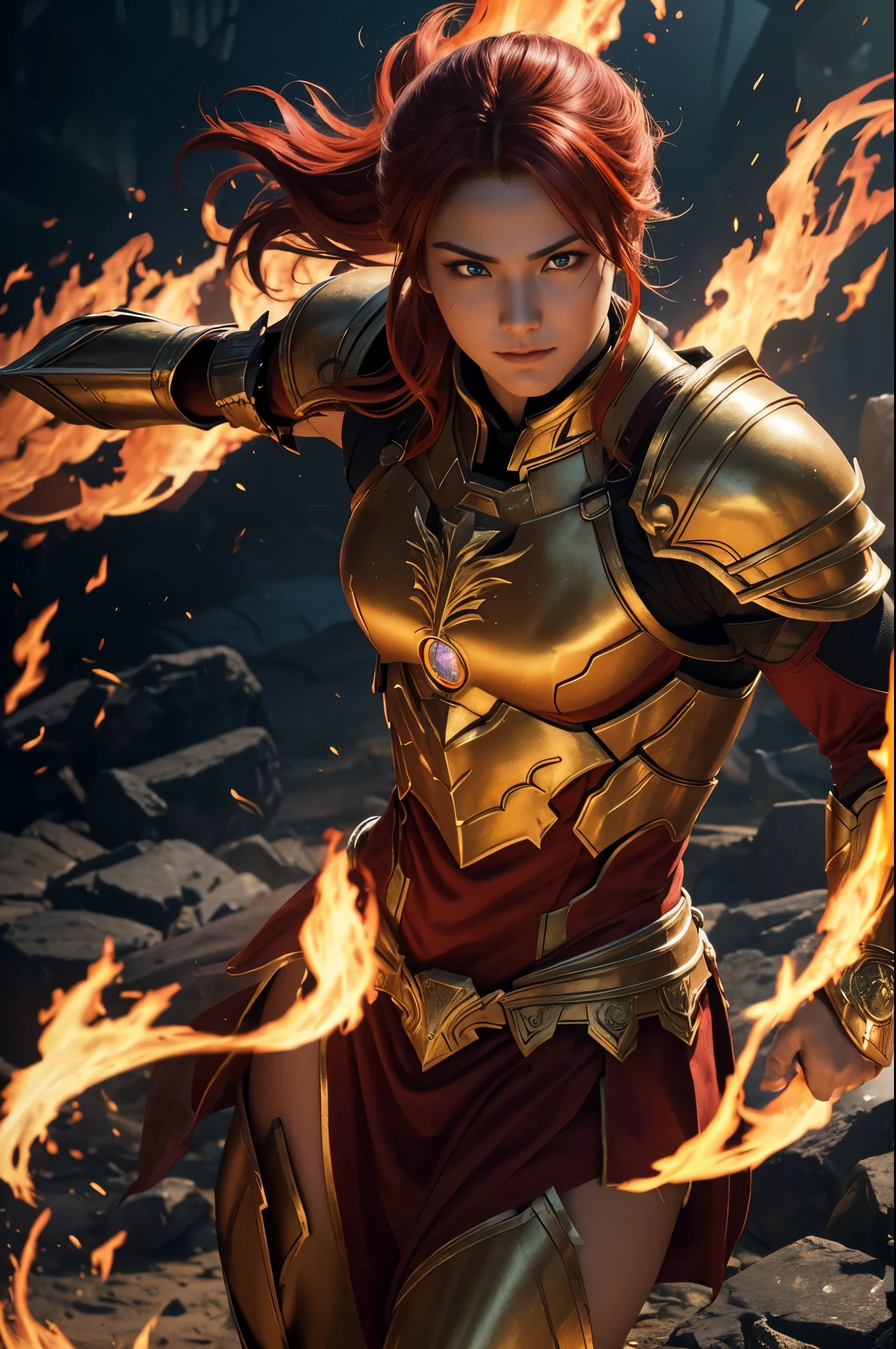 8k、alone、A smiling 16-year-old flame goddess,Super beautiful(like the real thing),red eyes,Super beautiful,Beautiful red hair,Flashy flame god makeup,gorgeous red chest armor(flame emblem),sexy.golden decoration,,Remains,amazing work of art、wind effect:1.9、cloud effect:1.2、explosive flame,full rendering、unreal engine,ultra high resolution,super realistic skin,Super precise hand details,fantasy art,battle scene,action scene,action pose,fighting style,Photorealistic RAW photos of the highest quality。Backlight, cinematic lighting, film grain, to be born, 50mm lens, Nikon D850,realistic skin,fantasy art,character art,ultra high resolution,Macho with a muscular slender body,Precise facial details,fighting pose,dynamic pose,grim expression,Improve the quality of facial expressions,accurate human body structure,perfect hands,Flame Hair Ornament,gorgeous flame shoulder armor(flame emblem),gorgeous flame gauntlet(flame emblem),luxury leg armor(flame emblem),Violent and strongly cracked abdominal muscles,