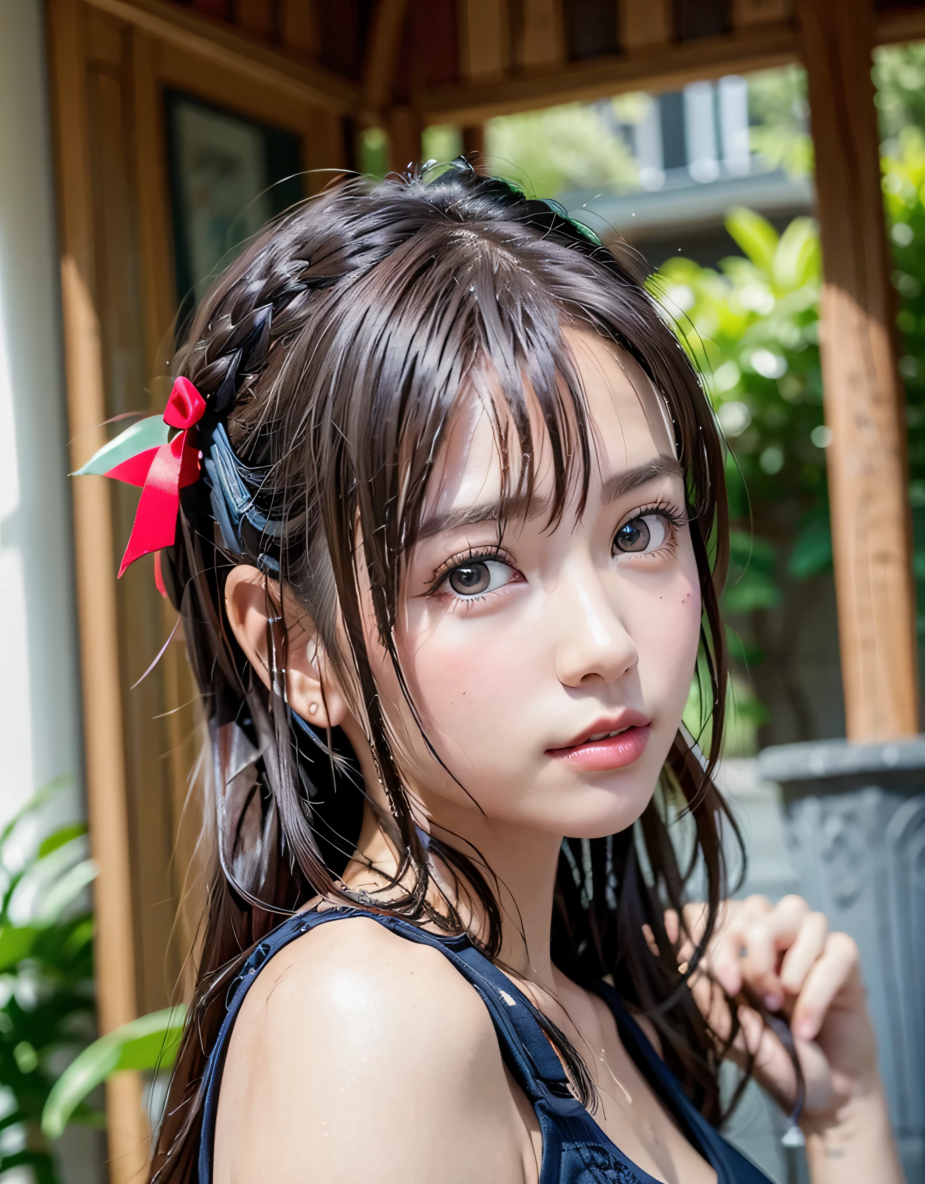 highest quality、8K masterpiece、超A high resolution、(Photoreal:1.3)、RAW photo、1 girl、silver hair、braided twin tails、glowing skin、1 Super Beautiful College Girl、((Ultra realistic details))、portrait、global illumination、Shadow、octane rendering、8k、super sharp、very intricate details、realistic light、Trends in CG society、beautiful eyes、blue shining eyes、towards the camera、swimsuit、pool、swim、